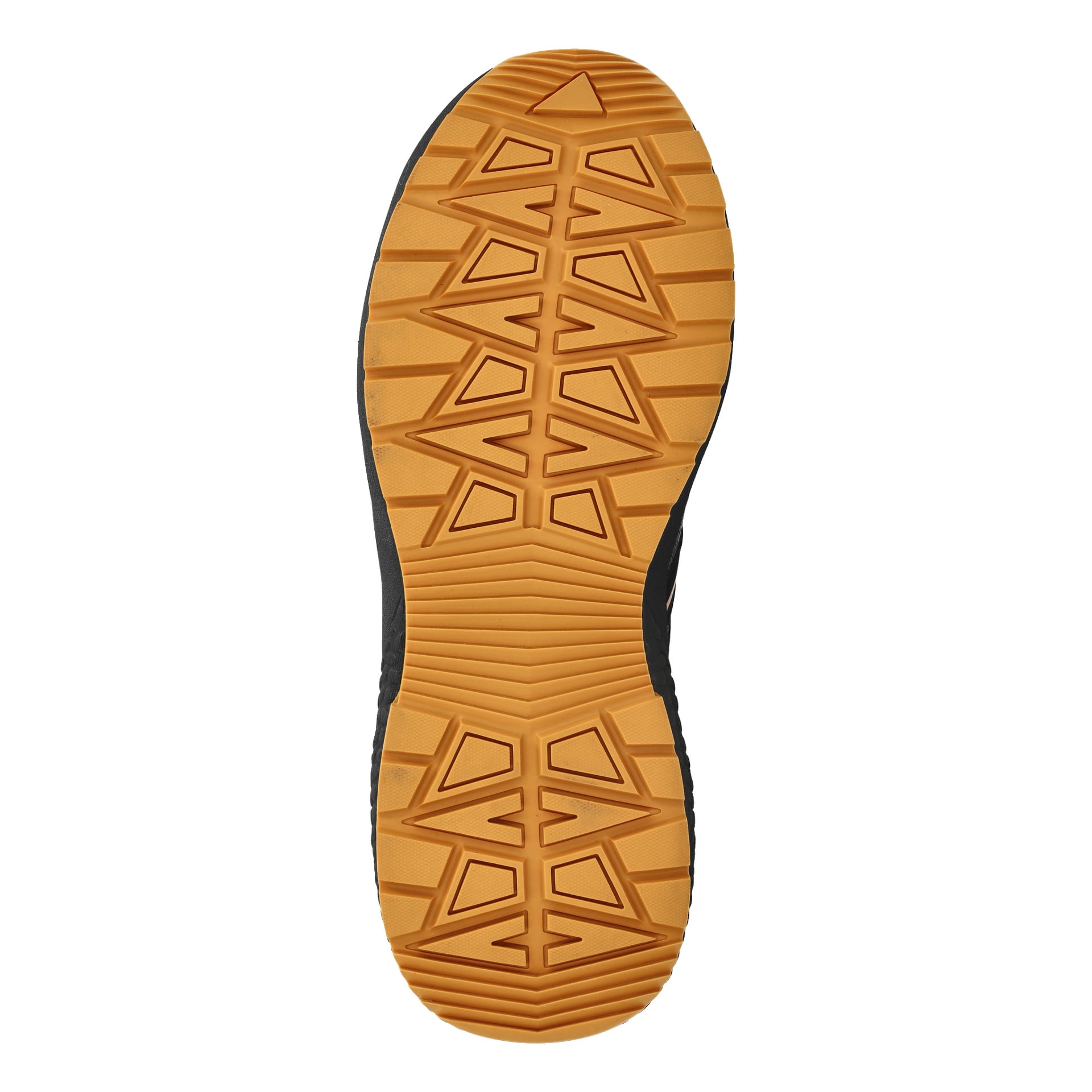 Den orange gummisulan på Bluewear Pro Workwear Safety boots med snabbsnörning Phoenix visas och visar upp ett geometriskt mönster med kantiga former och horisontella linjer för bättre grepp. Stivelns kanter är svarta.