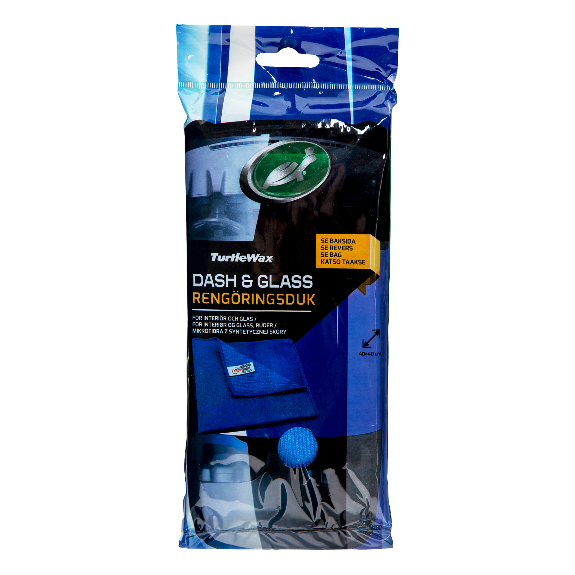 Turtle Wax Cleaning Cloth för invändig glas, gummi, mikrofiber och syntetiskt läder i svart förpackning med blå och gula detaljer.