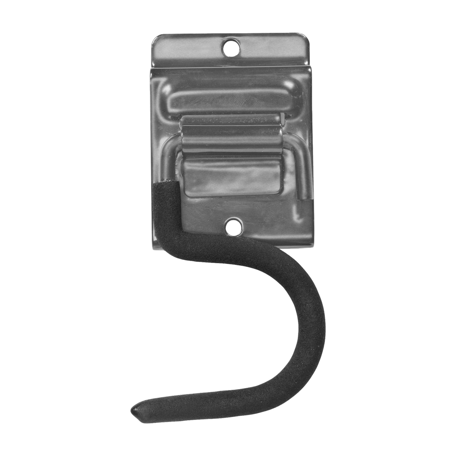 Denna Hard Head Tool-krok har en robust metallkonstruktion med en dämpad svart beläggning på den nedre kurvan. Den är fäst vid en rektangulär metallplatta som har två hål för skruvar, vilket gör att den kan fästas säkert i väggen.