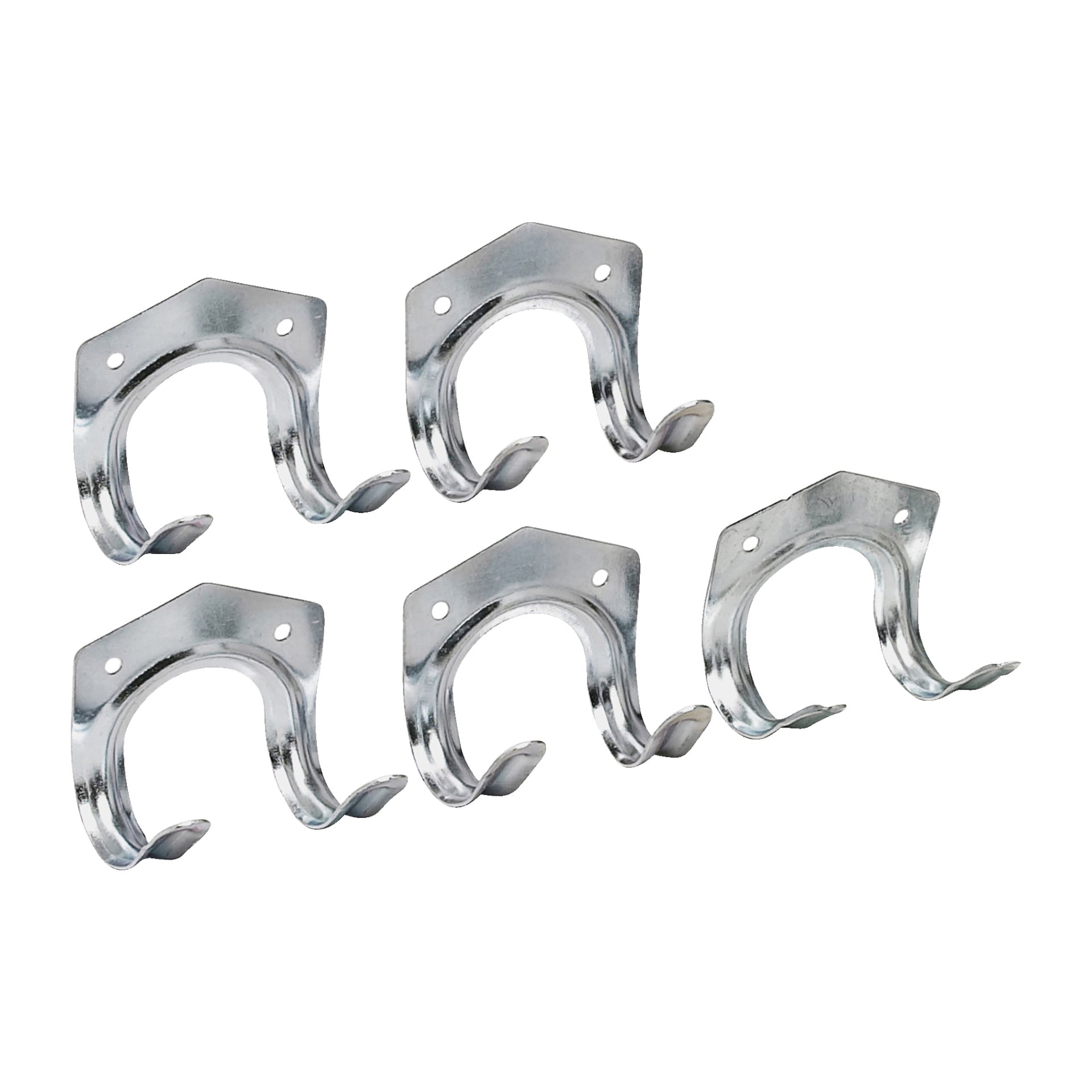 Hard Head Tool hooks 5-packet innehåller fem silverfärgade metallkrokar på väggen, var och en designad med två böjda armar och fästa vid en sexkantig bas med tre skruvhål. Krokarna är organiserade i två rader: tre på den övre raden och två under, alla riktade framåt.