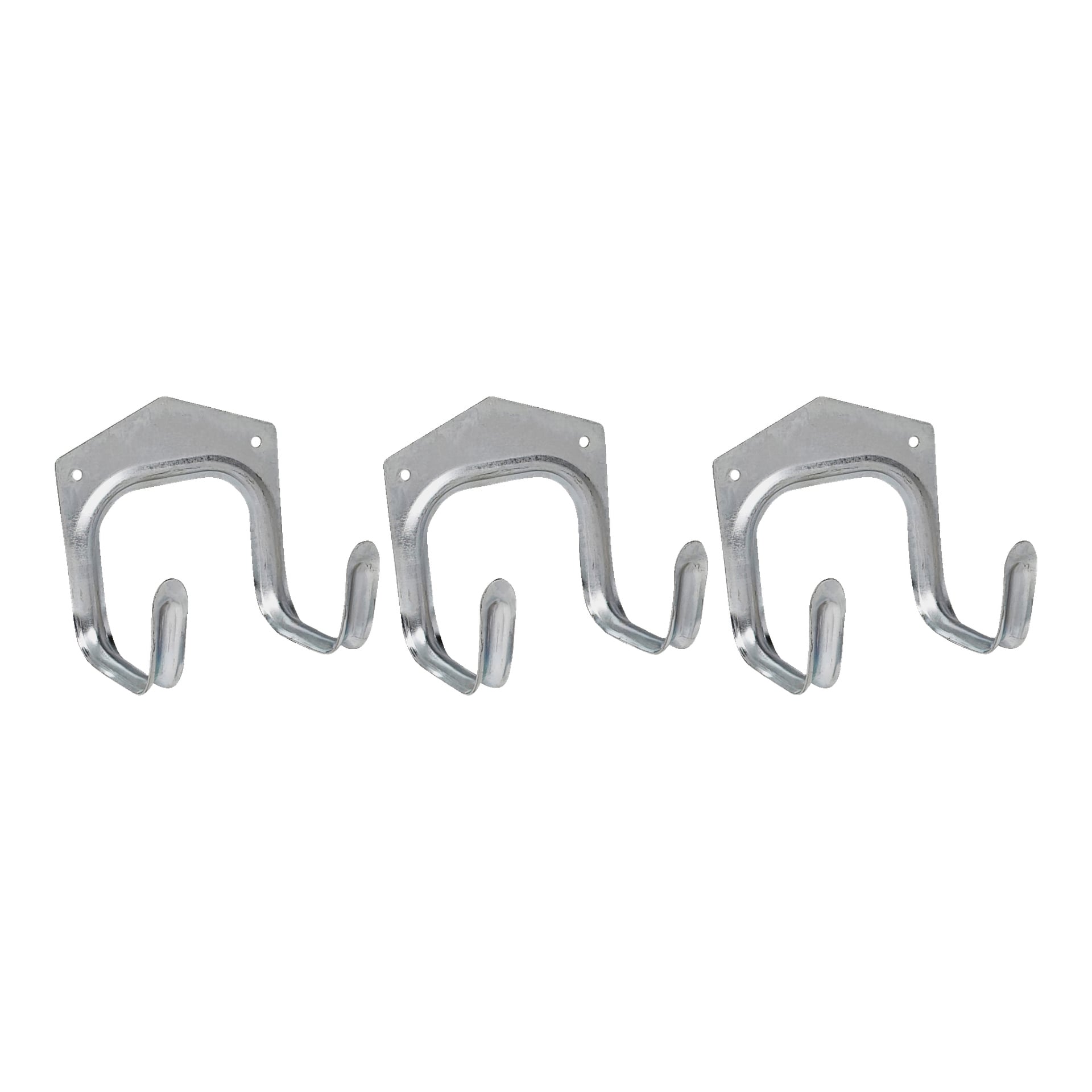 Tre identiska Hard Head Tool-krokar visas i rad som en 3-pack. Varje robust metallkrok har två stift för upphängning och en platt monteringsplatta med två skruvhål.