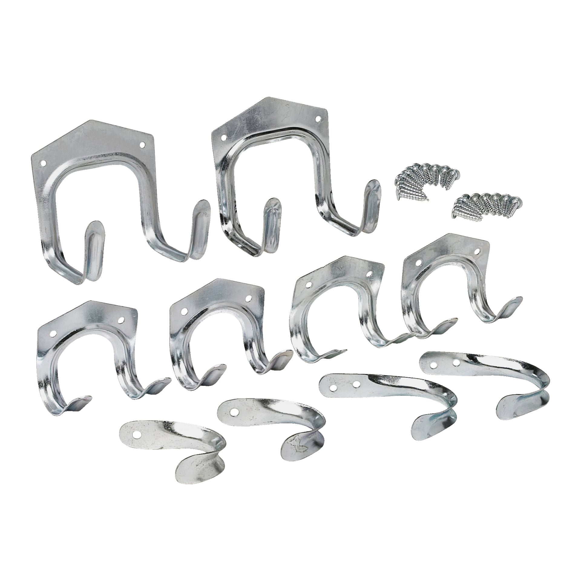 Tio silverfärgade kroksatser från Hard Head Tool med glansig finish är organiserade i rader, tillsammans med tre små högar av matchande skruvar. De väggmonterade krokarna varierar i storlek och är avsedda för stabil installation.
