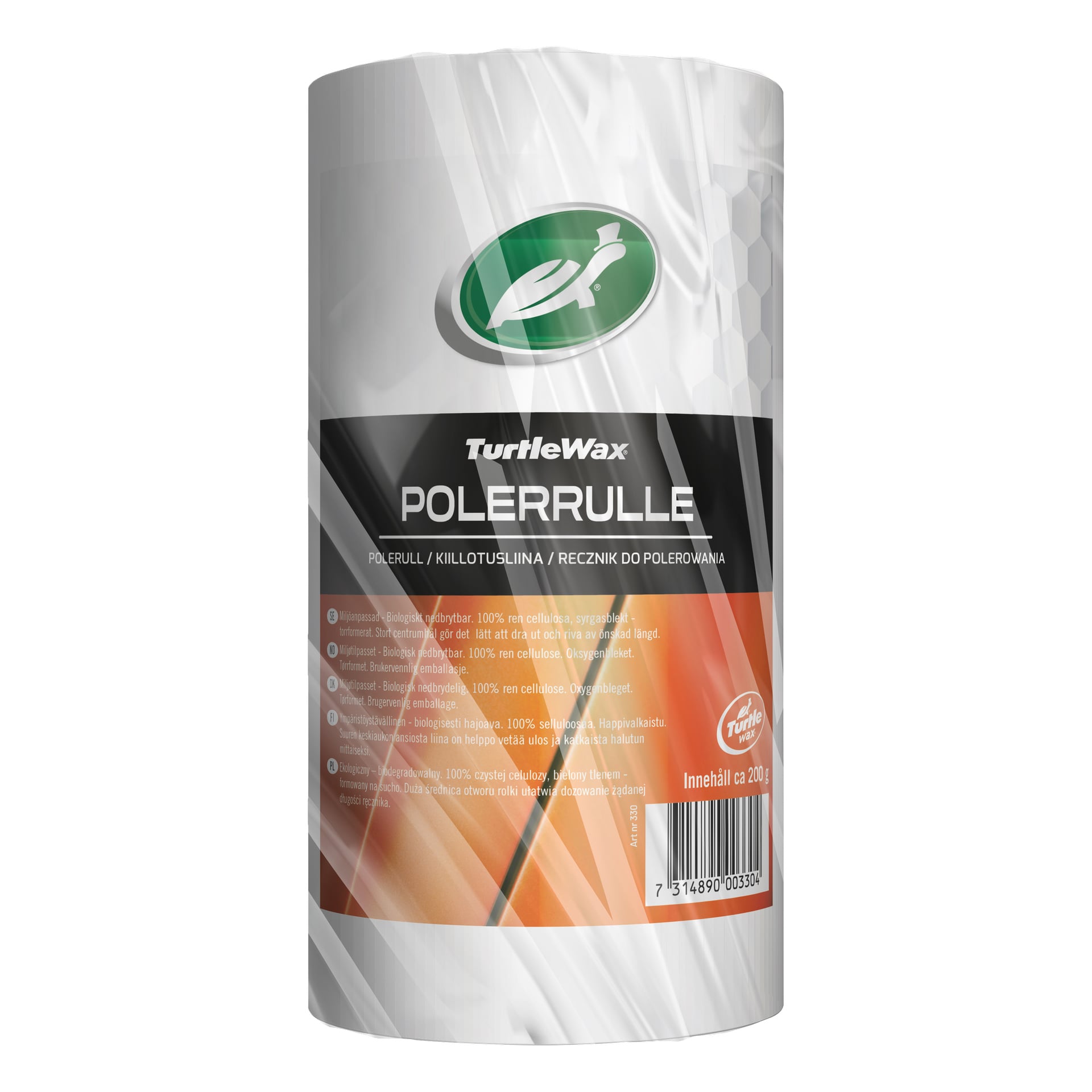 En Turtle Wax Polishing Roll, vit med en orange rand, är förpackad med en grön och silverfärgad etikett som visar varumärkes- och produktinformation.