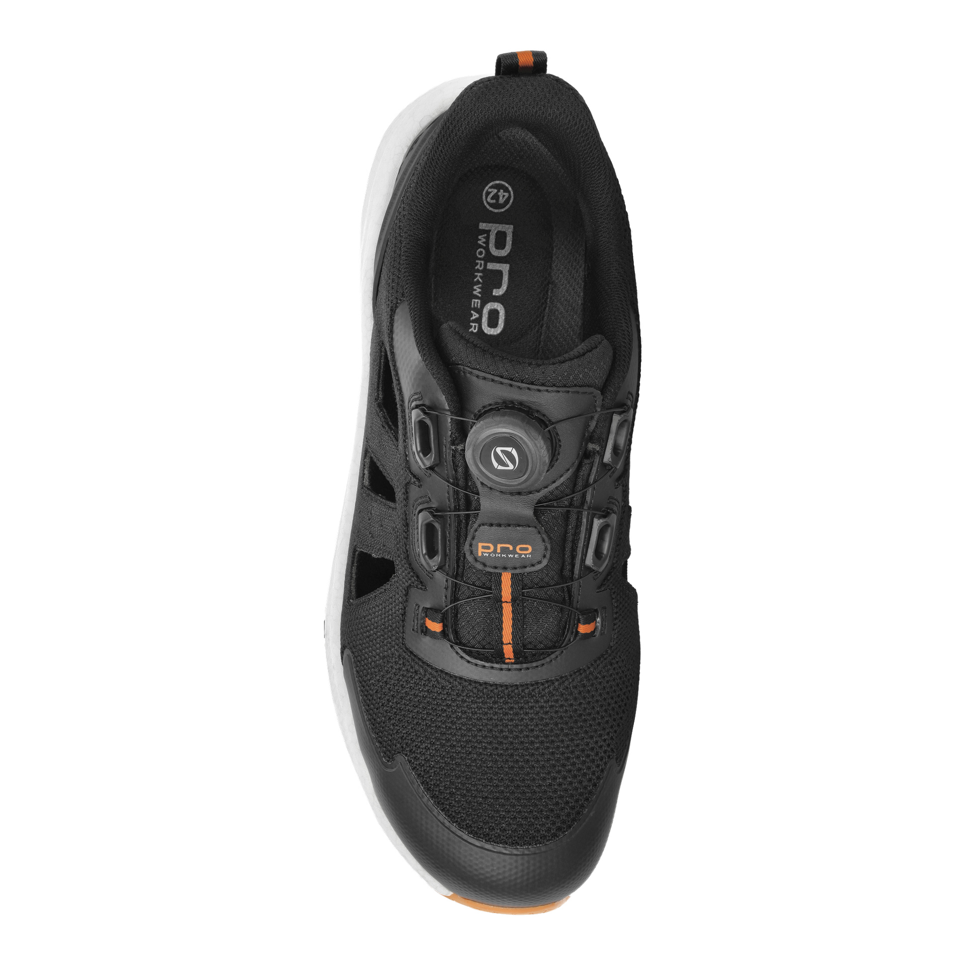En top-down-titt på Bluewear Pro Workwear "Safety sandals with speed lacing Austin", visad i svart med nätpaneler, vit yttersula, orange detaljer och twist-lock. "PRO WORKWEAR" står tryckt på innersulan.