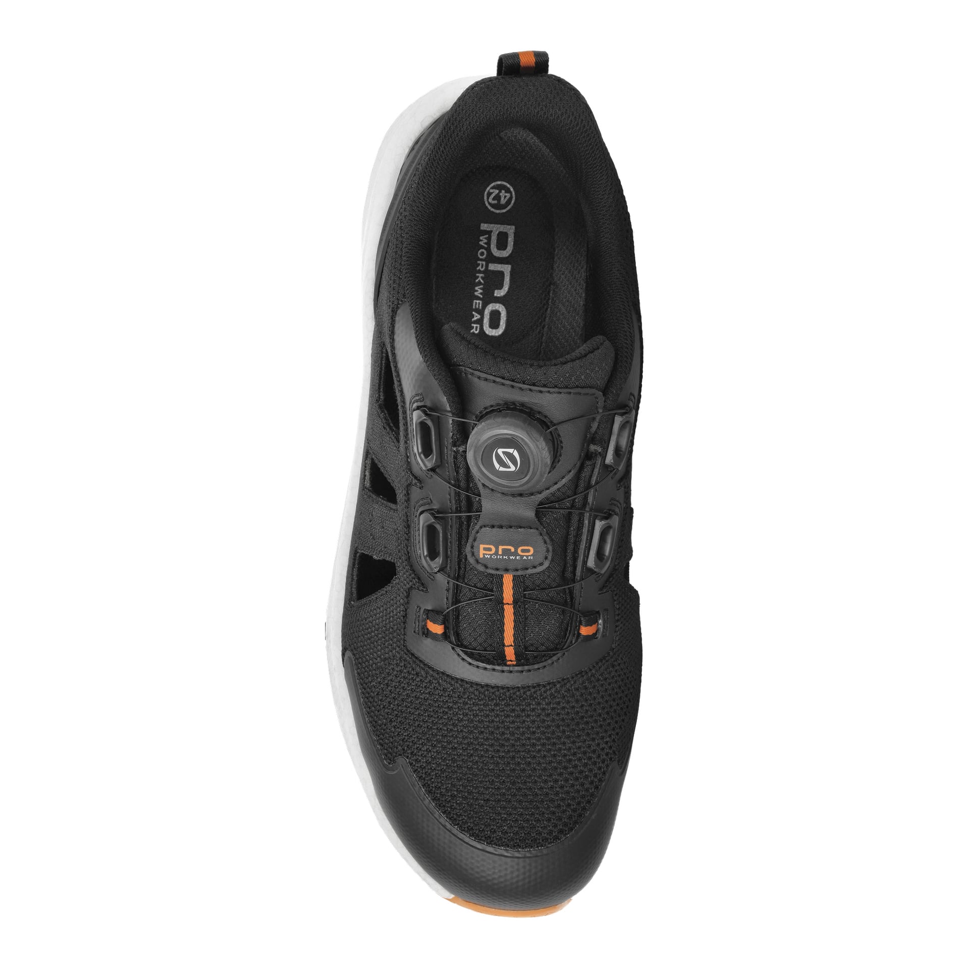 En top-down-vy av Bluewear Pro Workwear "Safety sandals with speed lacing Austin": svarta sportsandaler med mesh-överdel, snörningssystem med urtavlan, vita sulor och orange detaljer. Innersulan lyder "PRO WORKWEAR.