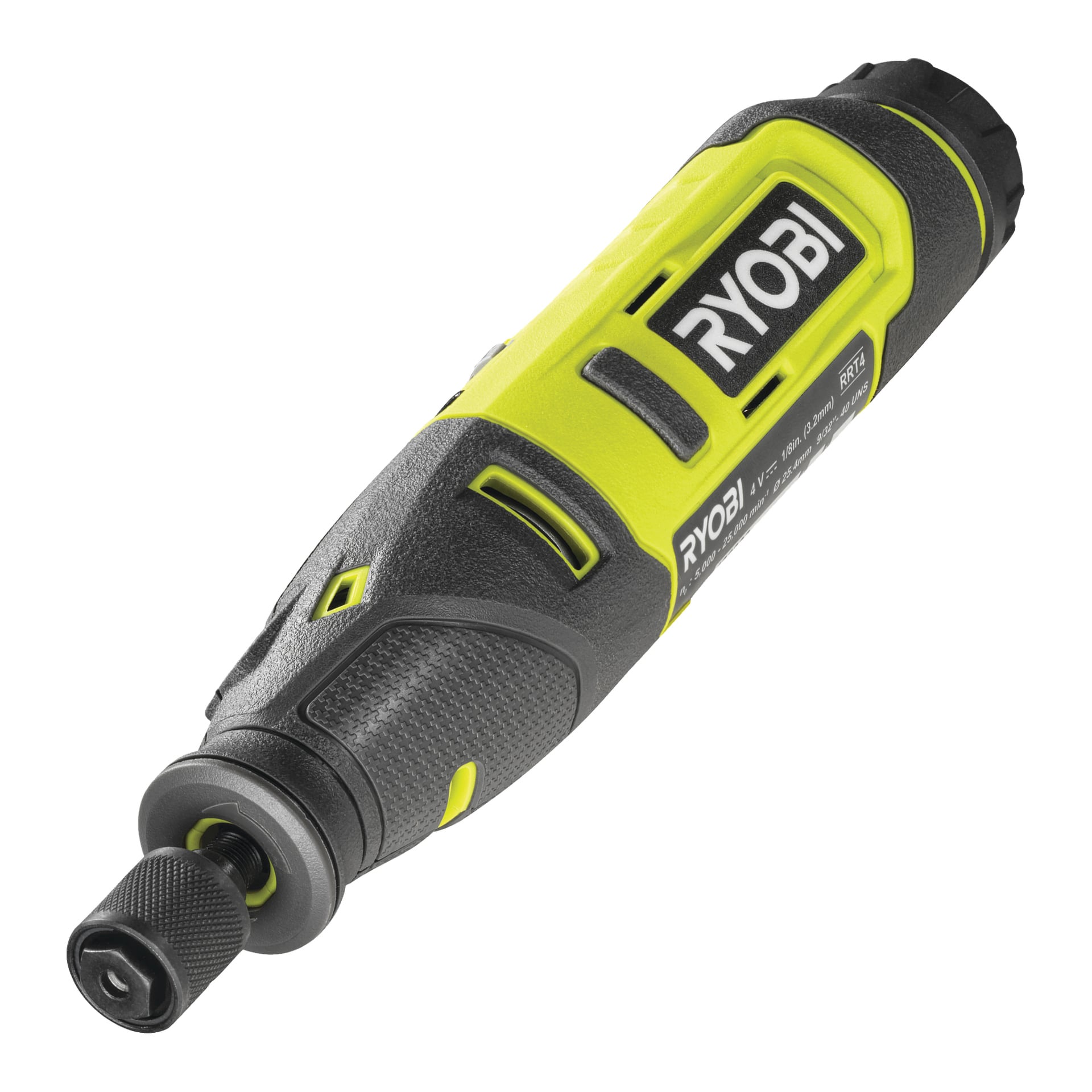 En närbild av Ryobi USB Lithium batteridrivna multiverktyg RRT4-120GA15 (19 delar), med ett svart handtag med gulgröna detaljer och Ryobi-loggan.