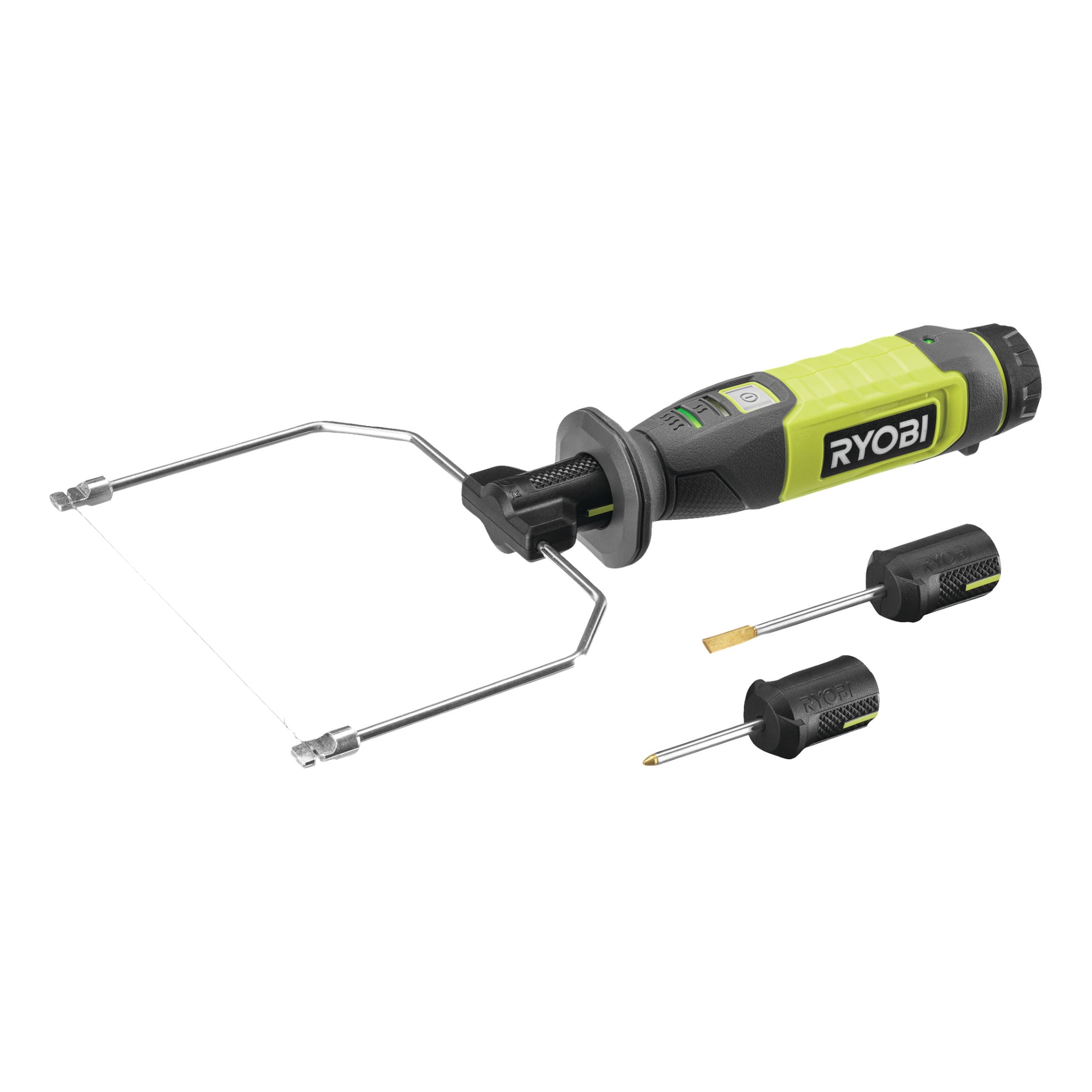 En Ryobi USB Lithium Battery Powered Hot Cutter RHC4-0 med grønt og svart håndtak er avbildet med en trådfeste på plass, og to ekstra spisser – en flathead og en Phillips – plassert til høyre for kutteren.