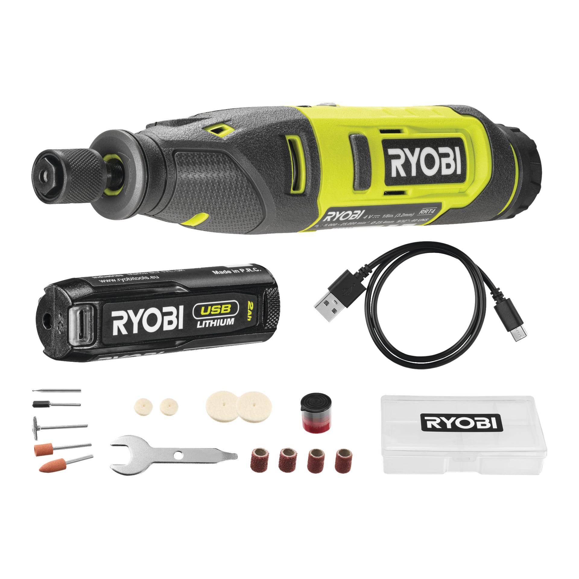 Ryobi USB Lithium multiverktyg RRT4-120GA15-kit med 19 delar: huvudverktyget, ett USB-litiumbatteri, laddningskabel, olika tillbehör, en liten skiftnyckel, flera poleringspads och slipband, en behållare med rött pulver och en klar Ryobi-bärväska.