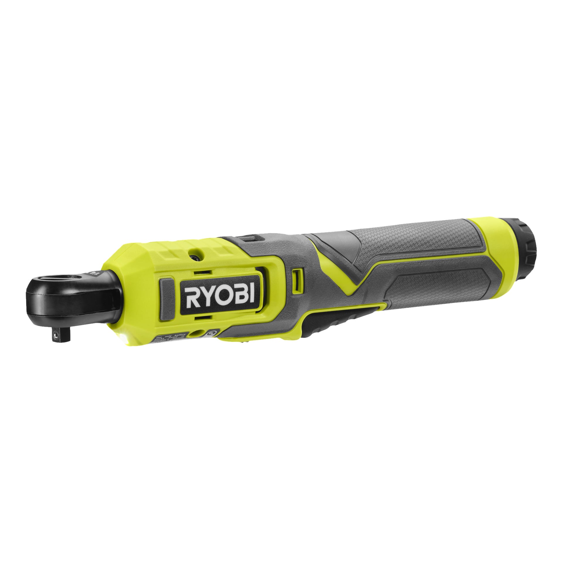 En Ryobi USB Lithium batteridriven spärrnyckel RR14W4-0 med gult och svart färgschema, texturerat grepp och Ryobi-logotypen på sidan visas horisontellt.