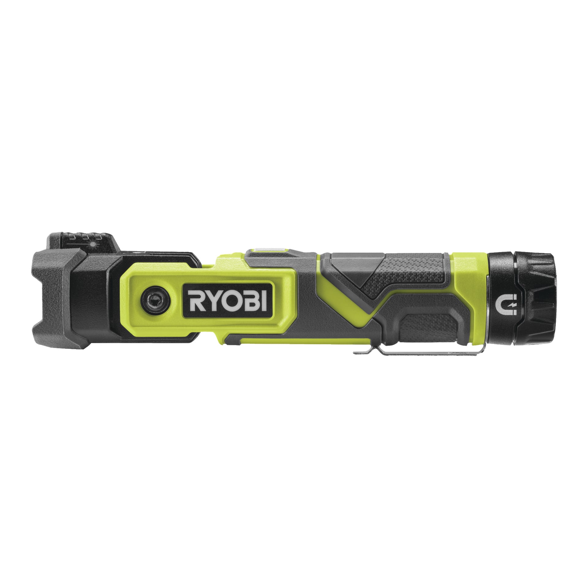 En svart och grön Ryobi USB Lithium Rechargeable LED-ficklampa RLP4-0 visas i en platt sidovy. Brännaren har en klämma och ett texturerat grepp för enkel hantering.