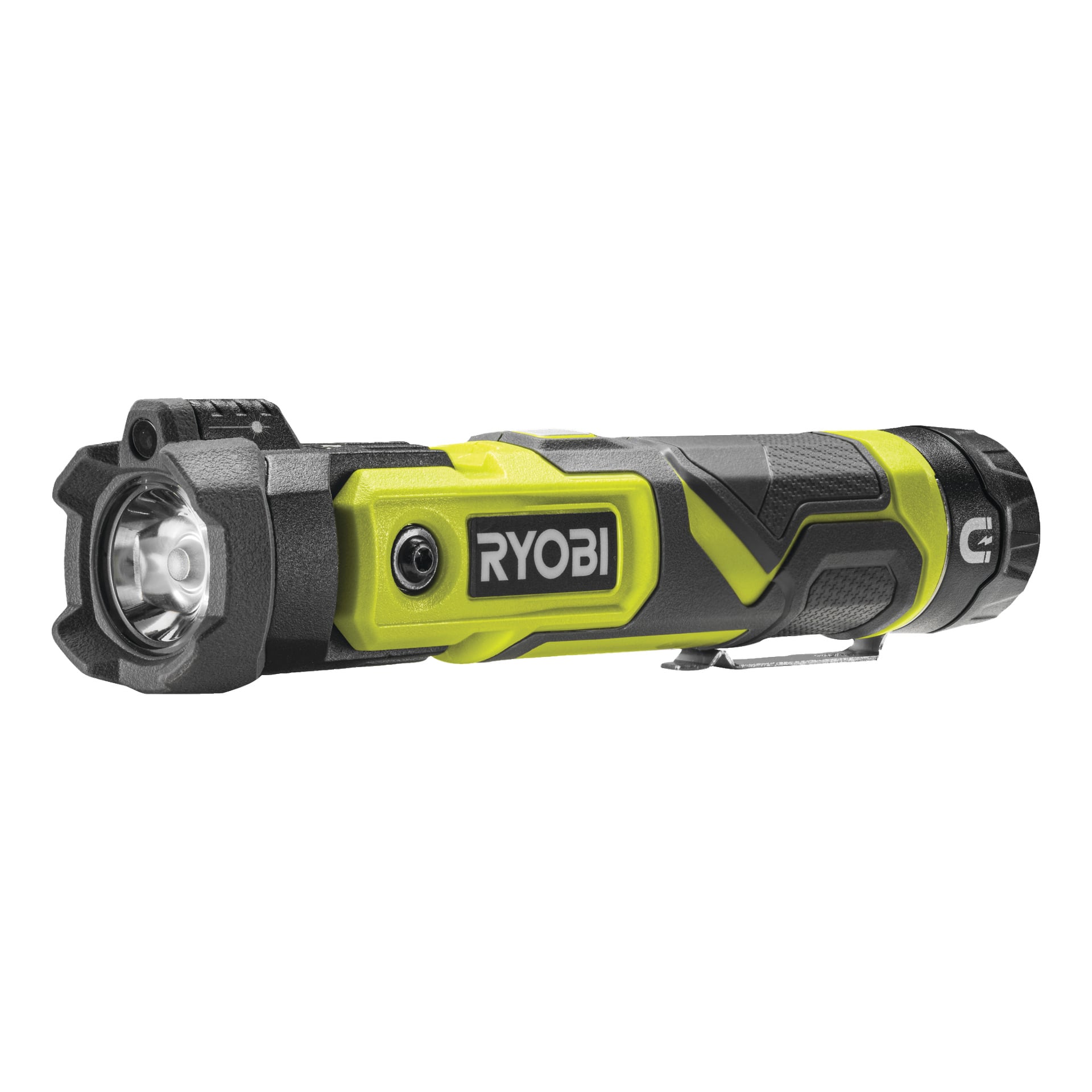 En Ryobi RLP4-0 USB litium uppladdningsbar LED-ficklampa med en neongrön och svart färgschema, som visar ett stort objektiv, sidoknapp för ström, texturerat handtag för grepp och en hållbar metallklämma. Ordet "RYOBI" visas i feta vita bokstäver på en svart remsa.