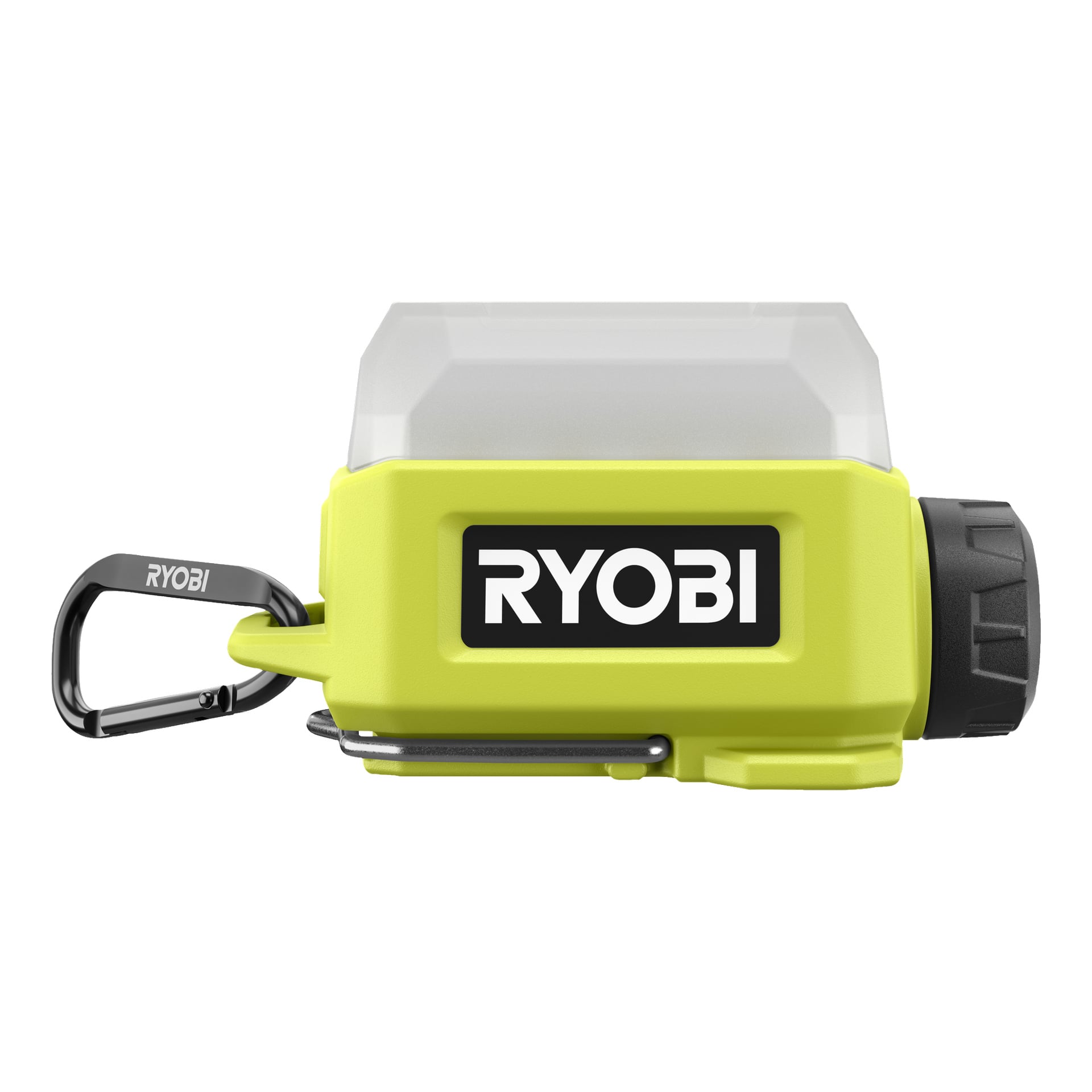 En liten, rektangulär Ryobi USB Lithium Battery-driven områdeslampa RLA4-0 med gulgrönt hölje, svart lock i änden, inbyggd metallkarbinhake och en frostvit övre sektion. Ryobi-logotypen är tydligt synlig på sidan.