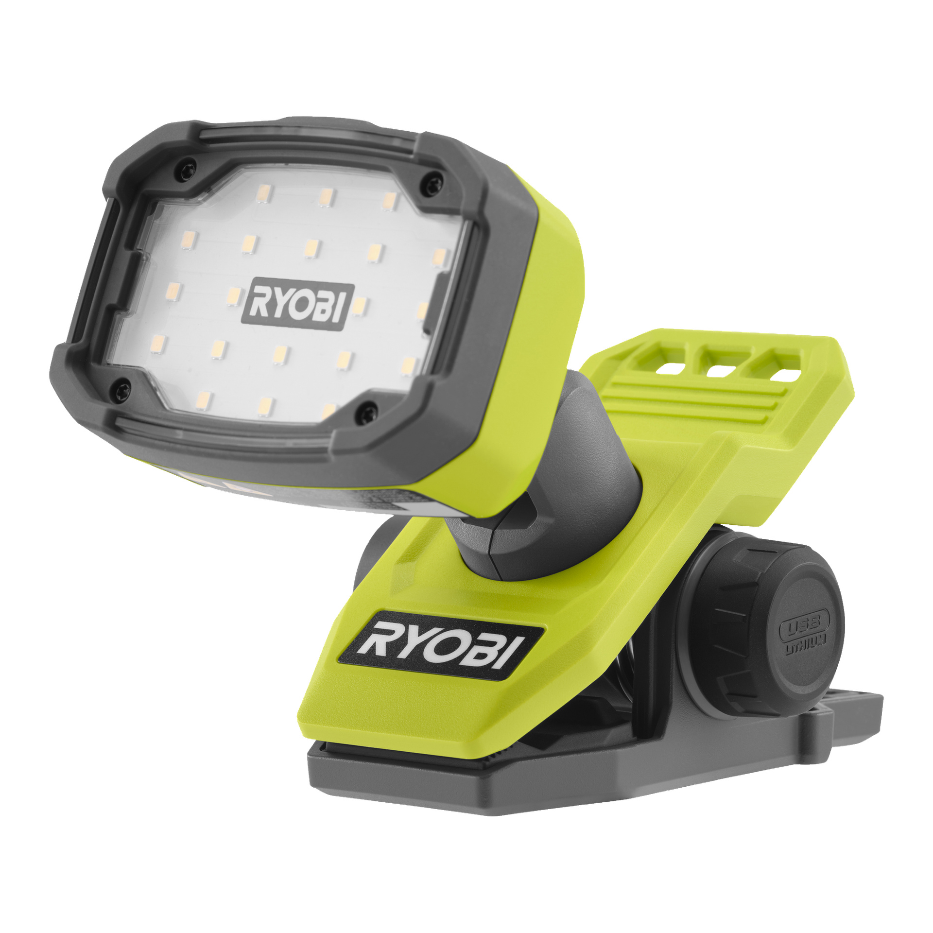 En Ryobi USB Lithium batteridriven LED-arbetslampa, modell RLC4-0, med ett grått justerbart huvud, livfull grön bas, stort svart klämma och en USB-laddningsport på sidan.