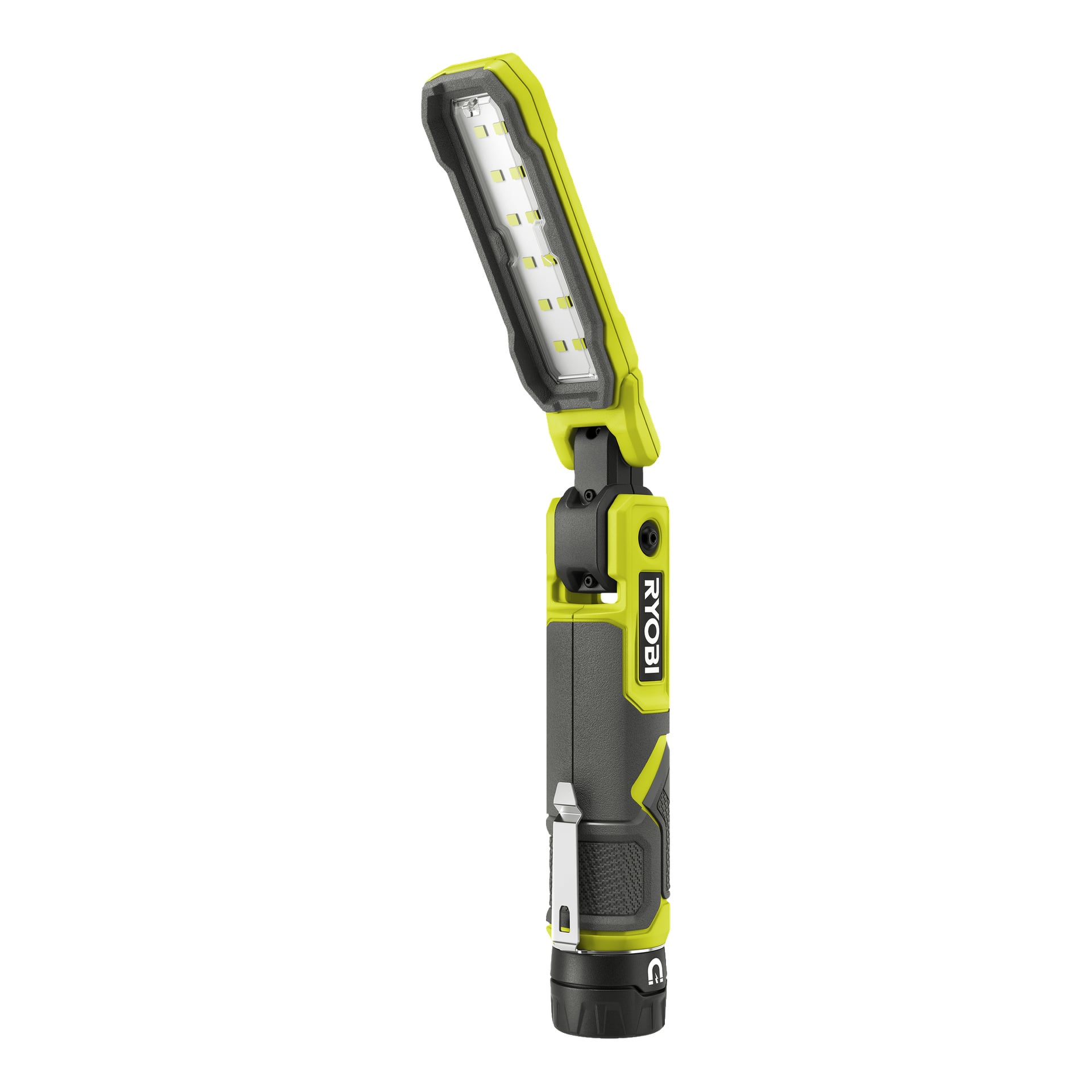 Ryobi USB Lithium Work lamp RLI4-0 med sladdlös LED-konstruktion, justerbart huvud, fästklämma och ett hus i svart och starkt gulgrönt. Lampan står upprätt med huvudet vinklat uppåt.