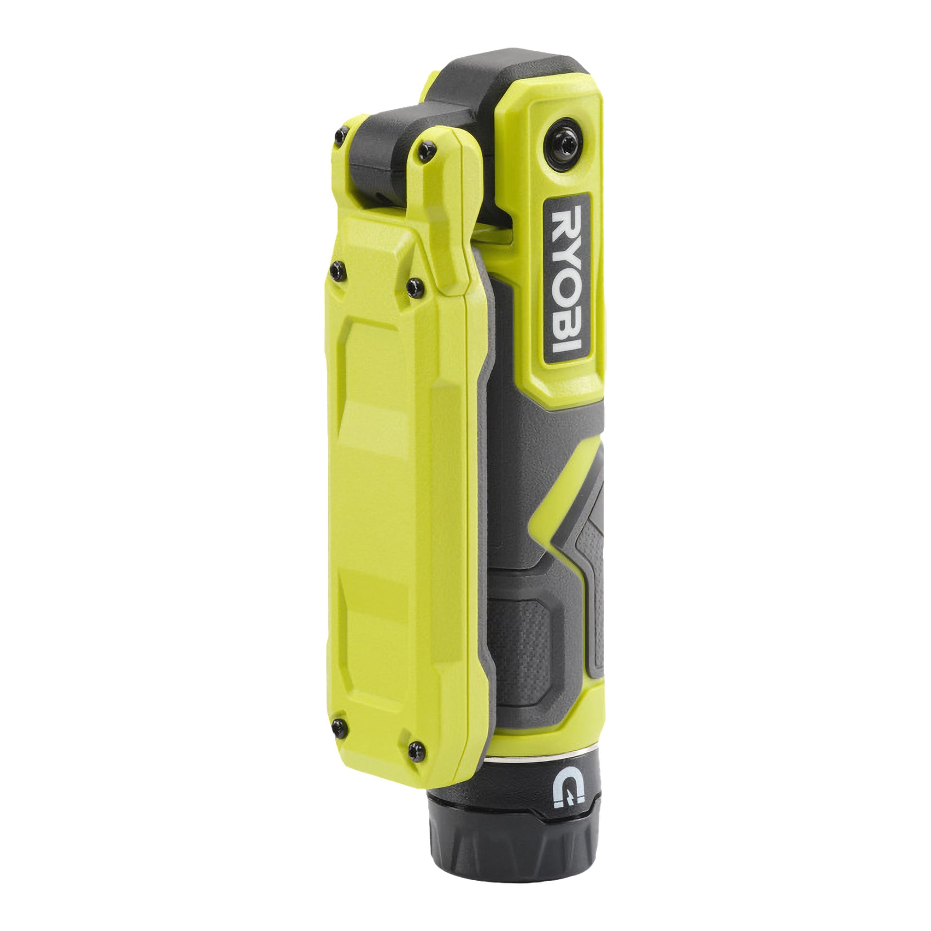 En gul och svart Ryobi USB Lithium Work lampa RLI4-0 handhållen enhet med fällbar fäste, texturerade grepp och exponerade skruvar, placerad upprätt.