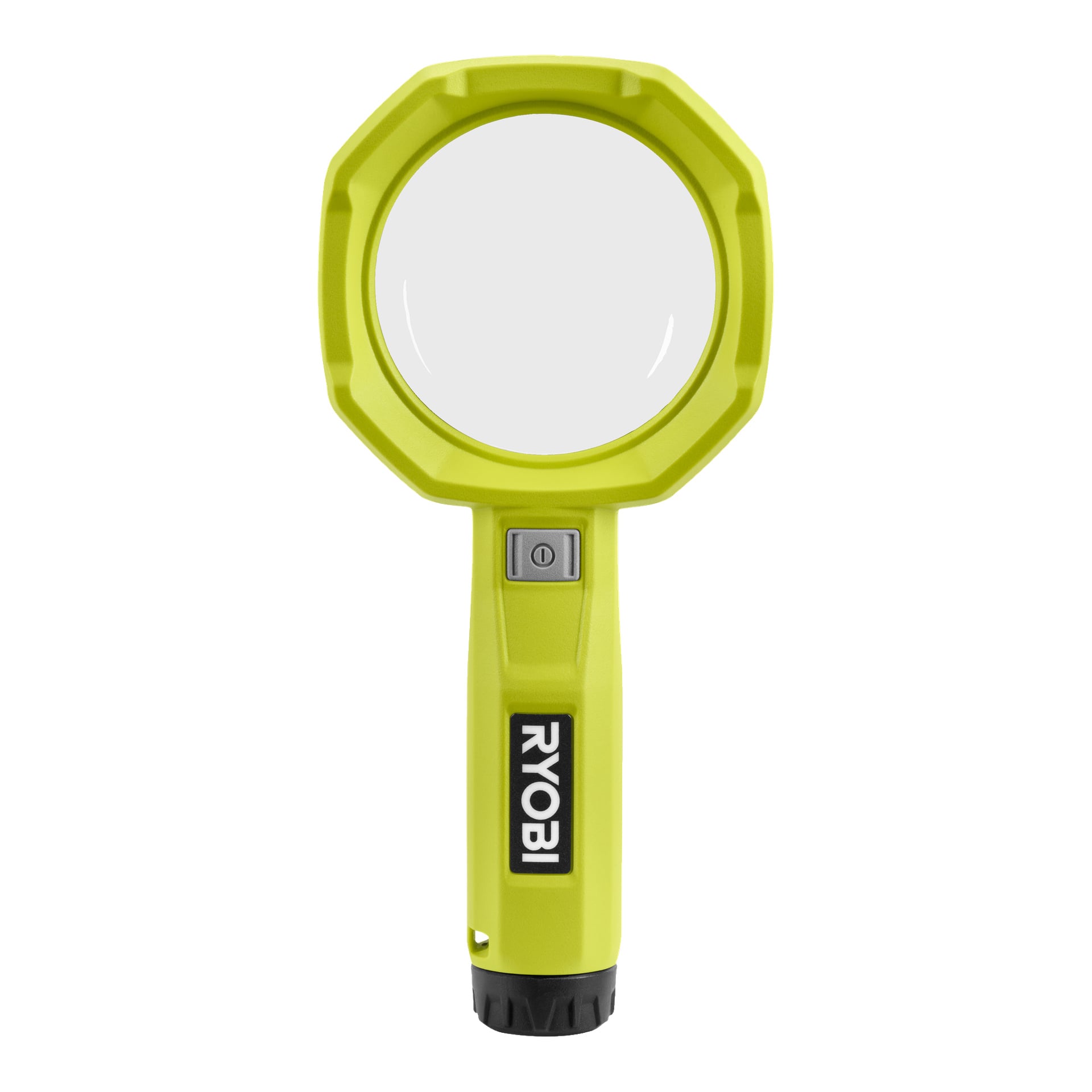 Ett gult Ryobi USB Litiumförstoringsglas med lampa RML4-0 har en svart bas, en rektangulär strömknapp på handtaget och en klar cirkulär lins. "RYOBI"-logotypen syns i svart och vitt på handtaget.