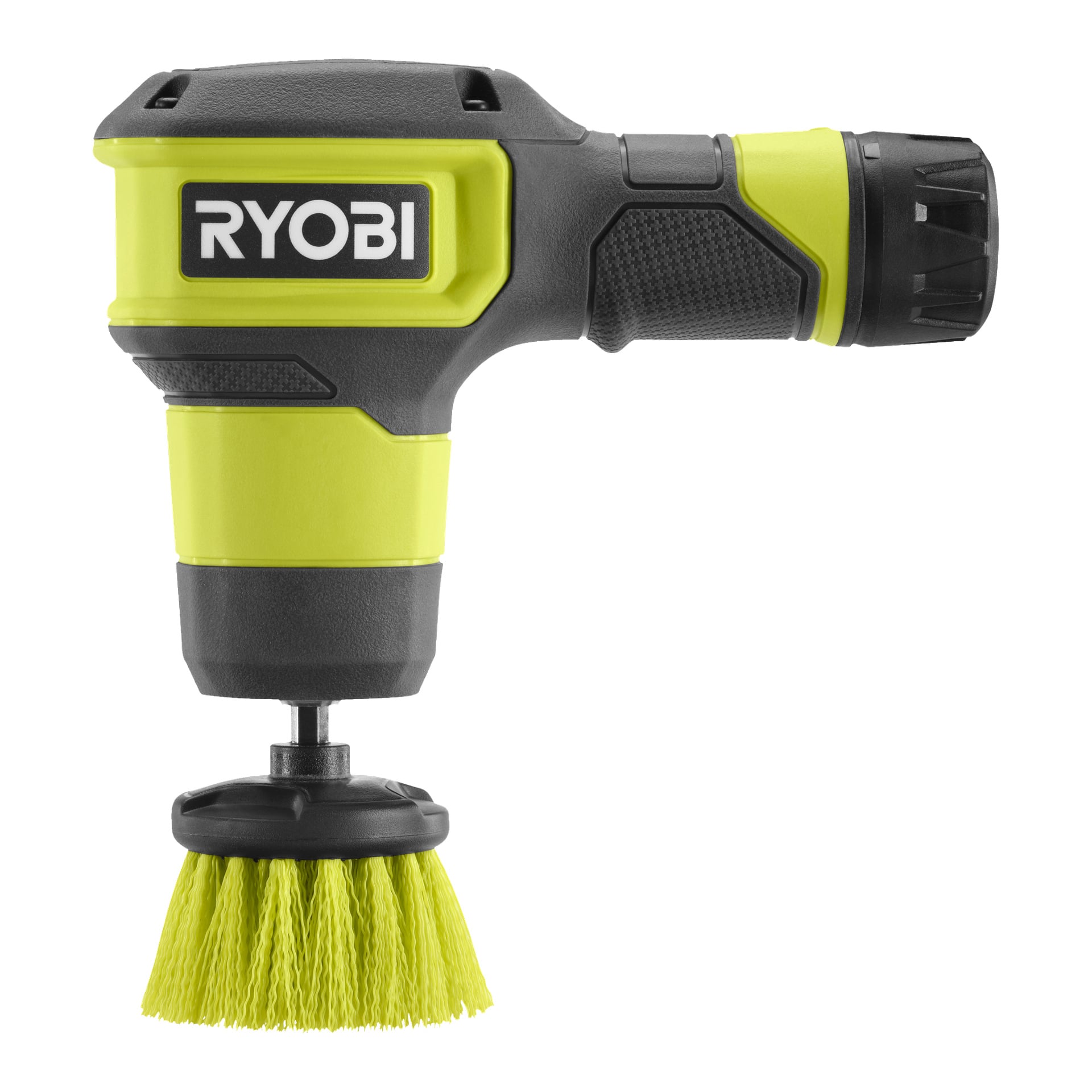 Ryobi USB Lithium Rotating Wash Brush RSCR4-0 mit einem leuchtend gelb-schwarzen Design, ausgestattet mit einem runden gelben Pinselkopf. Das "RYOBI"-Logo erscheint in Weiß auf einem schwarzen Streifen.