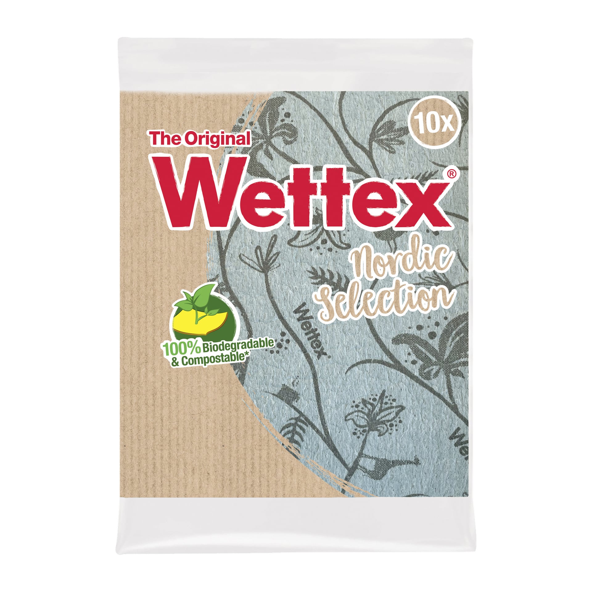 En 10-pakning med Wettex oppvaskkluter fra Nordic Selection-kolleksjonen. Emballasjen viser tydelig «The Original Wettex», bemerker at klutene er fullstendig biologisk nedbrytbare og komposterbare, og er dekorert med et bladaktig planteinspirert mønster over en brun tekstur.