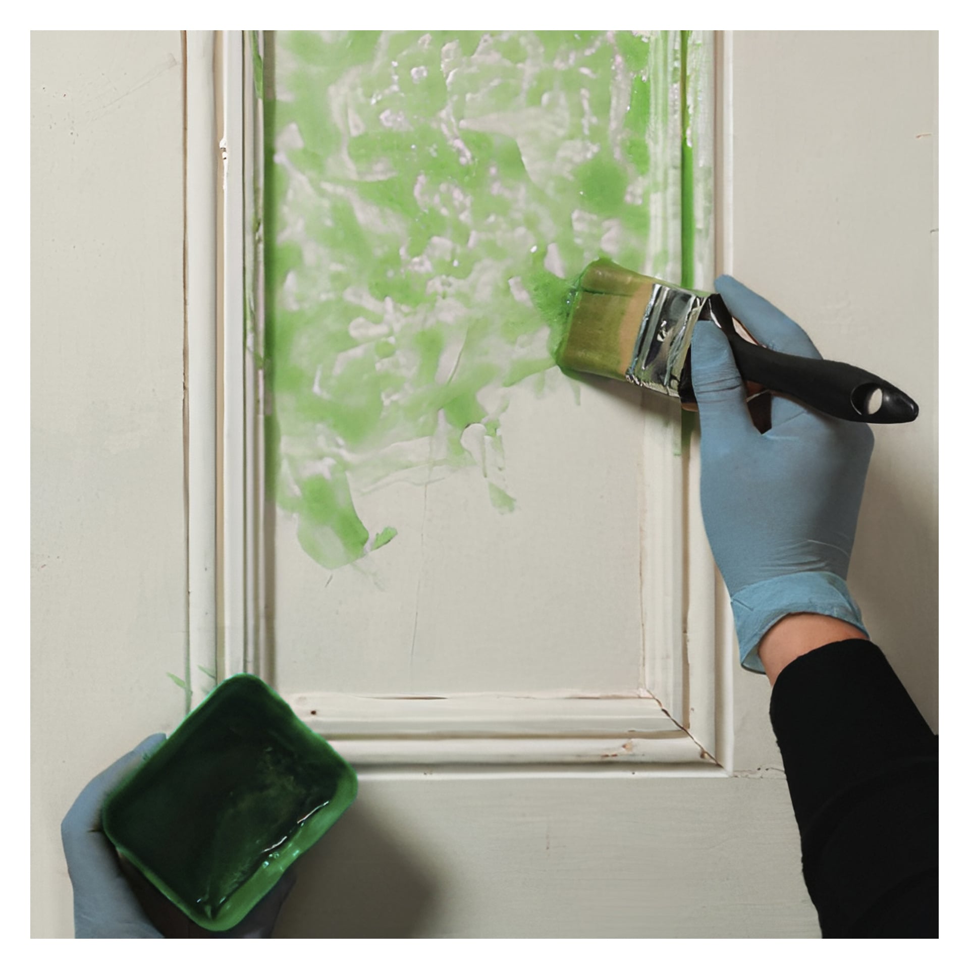 En person med blå hansker påfører Nitromors Paint Remover, en grønn gel, på et hvitt dørpanel med en malerpensel, og holder den lille grønne beholderen med fjerner i den andre hånden.