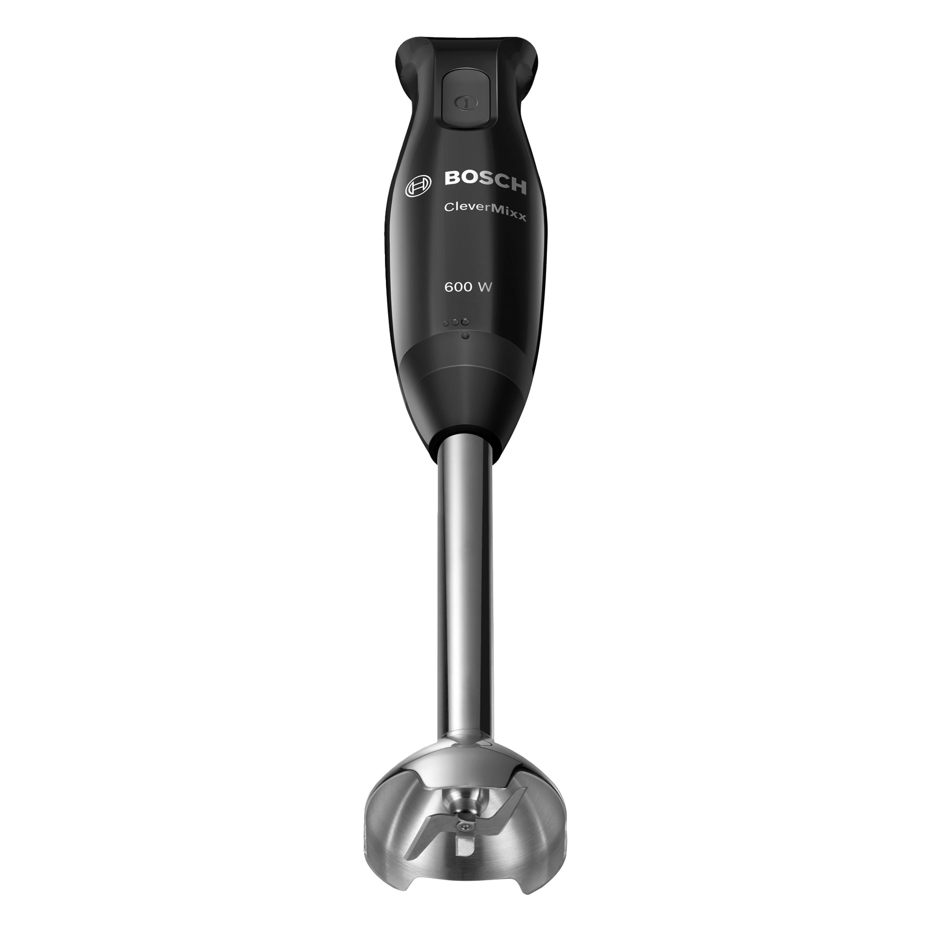Bosch Home Hand -tehosekoitin CleverMixx MSM2650B (600W) seisoo pystyasennossa, paljastaen tyylikkään mustan rungon, ruostumattomasta teräksestä valmistetun sekoitusvarren ja selvästi näkyvän ohjauspainikkeen kahvassa.