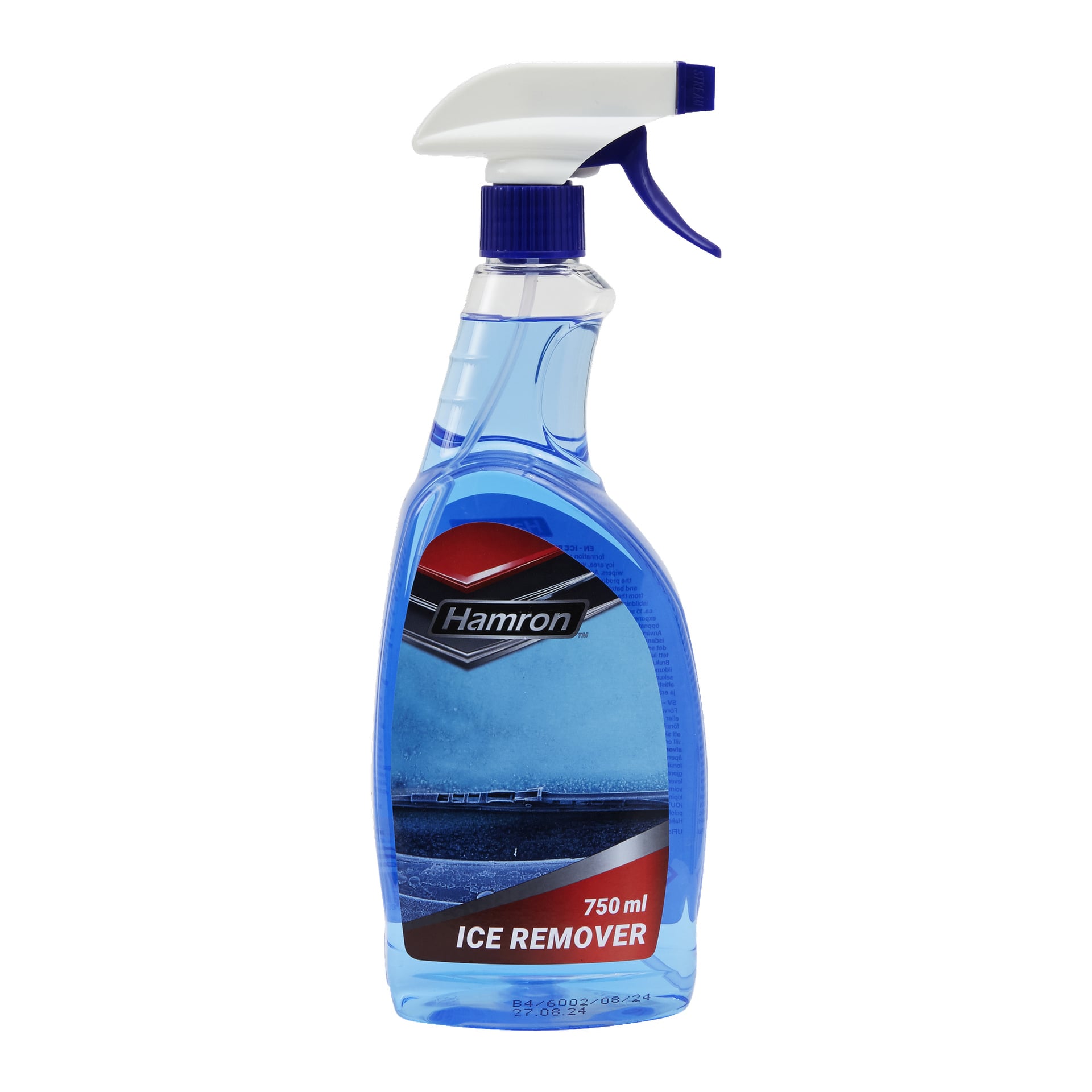 750 ml Hamron Ice -jäänpoistopullo autoihin, joissa on sinistä läpinäkyvää nestettä, varustettu valkoisella ja sinisellä liipaisinsuuttimella sekä etiketillä, jossa on jäinen tuulilasi.