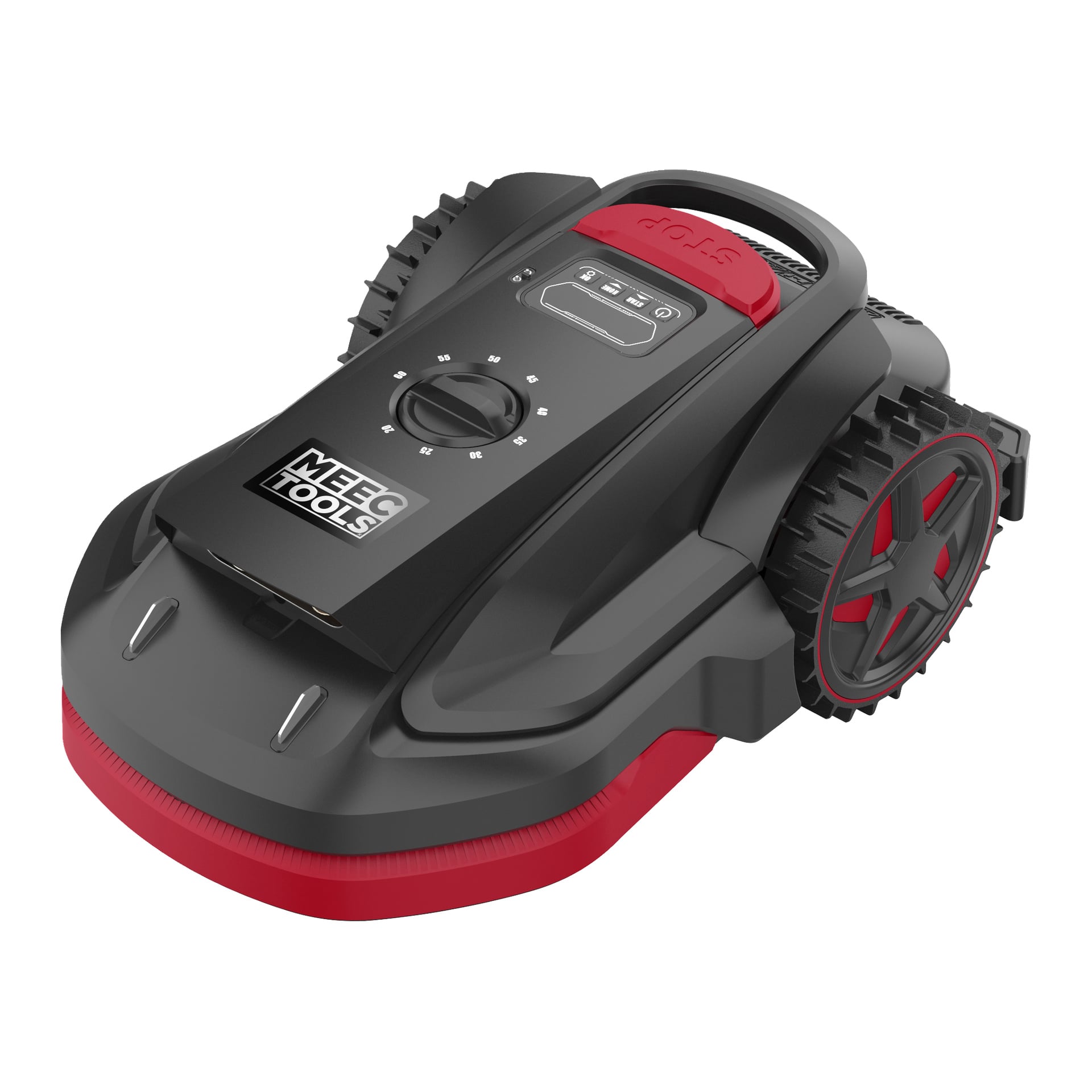 Musta ja punainen Meec Tools -robottiruohonleikkuri, jossa on kestävät pyörät, digitaalinen näyttö, ohjaussäädin ja logo näkyvissä ylhäällä.