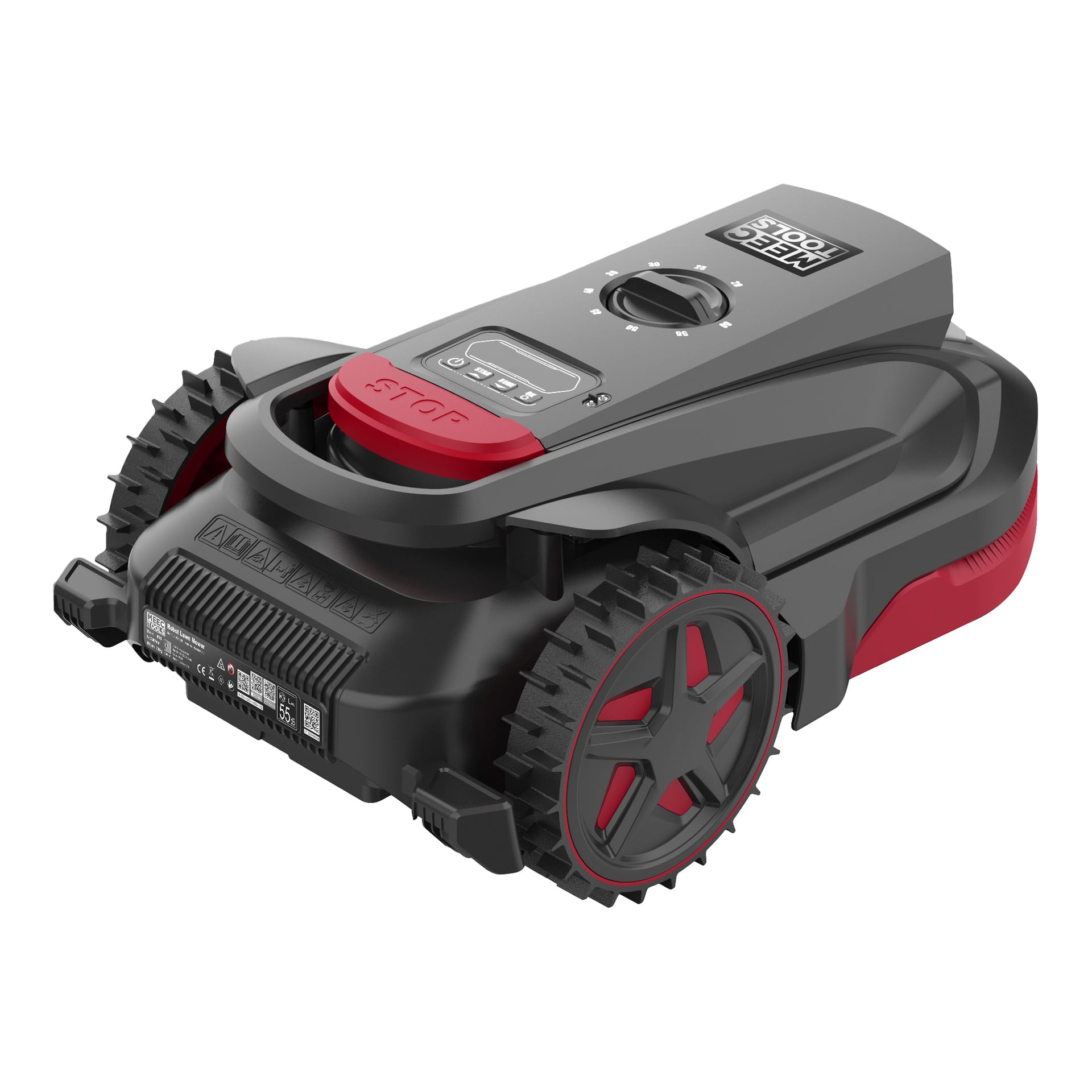 Musta ja punainen Meec Tools -robottiruohonleikkuri, jossa on isot kestävät pyörät, yläohjauspaneeli ja punainen pysäytyspainike edessä. Brändinimi näkyvissä.