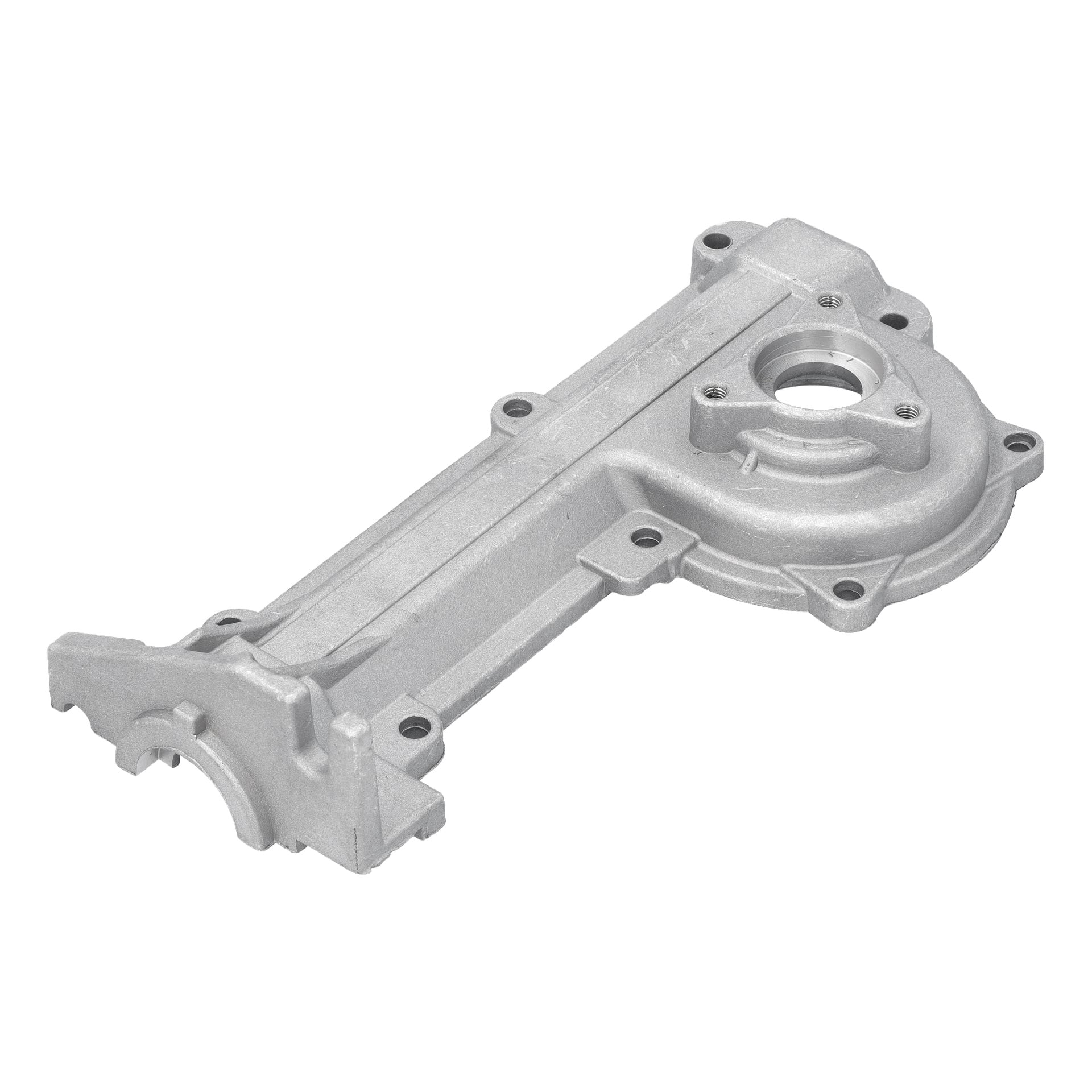 Silver Gearbox rotavatorkomponent med flera bulthål och en böjd ände, liknande ett tändlock eller motordel.