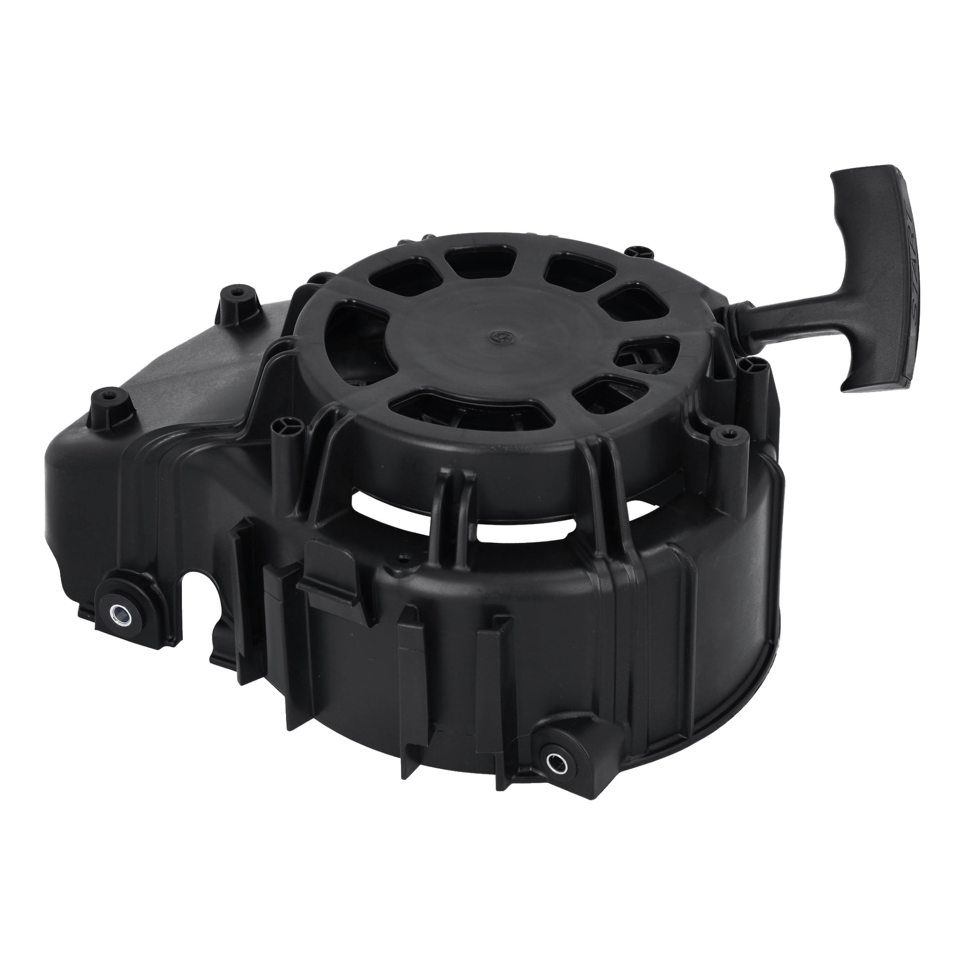 En svart plastmotor med rekylhandtag, designad för att starta små bensinmotorer som gräsklippare eller generatorer.