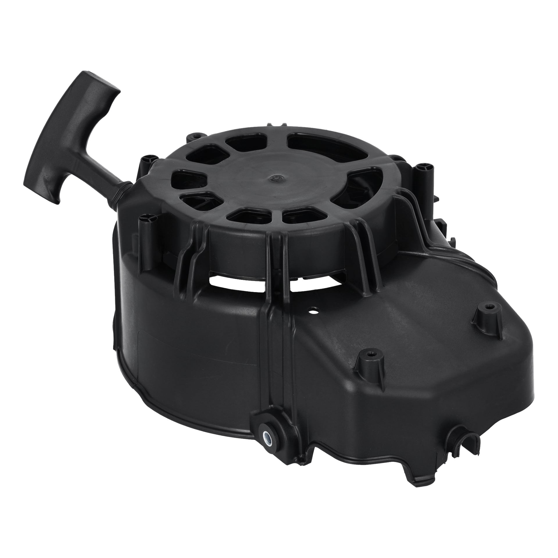 En svart plastmotor med rekyl och draghandtag, designad för tändning av små motorer som i gräsklippare eller generatorer.