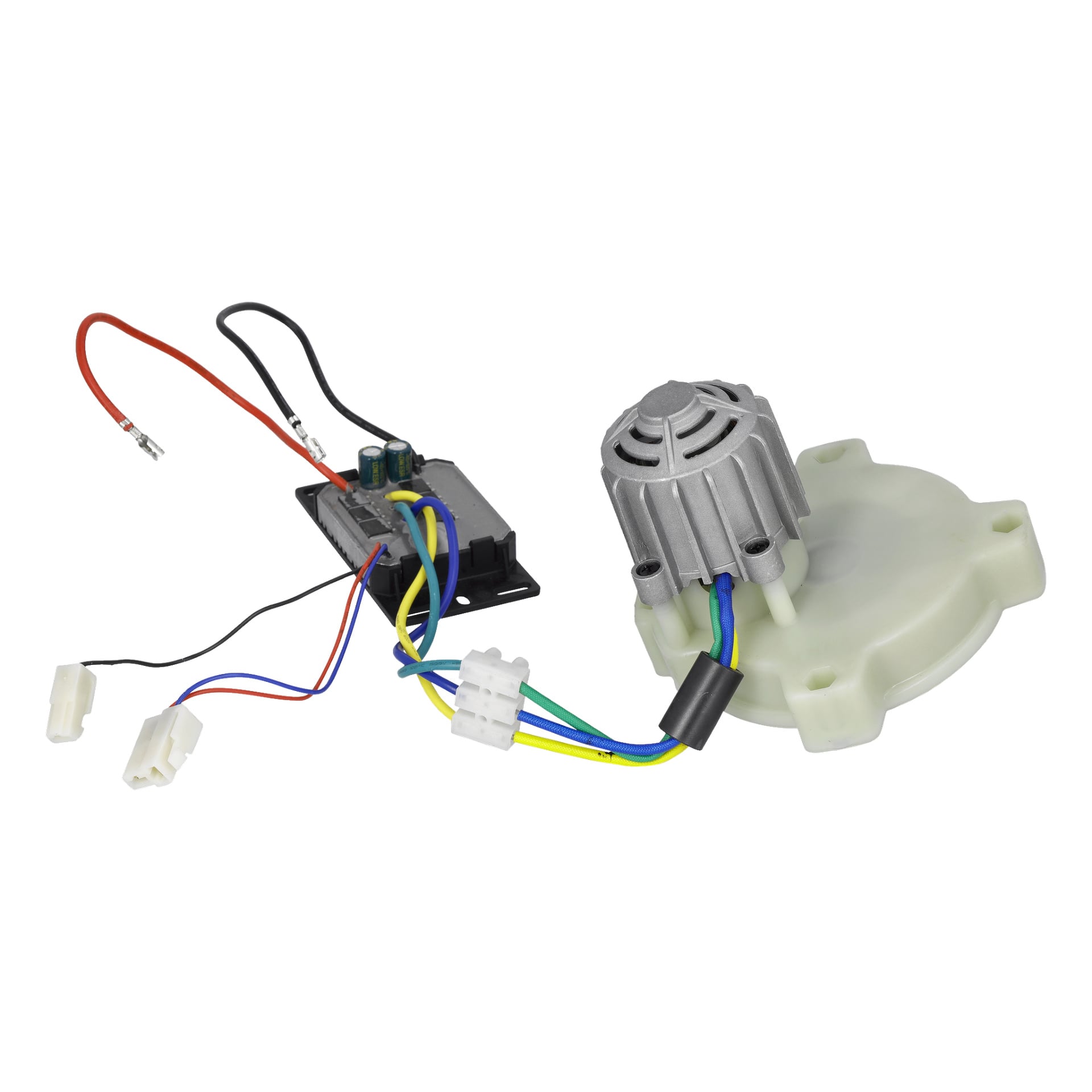 En gräsklipparmotor med ansluten ledning sitter bredvid en elektronisk styrmodul med kondensatorer och extra kablar.