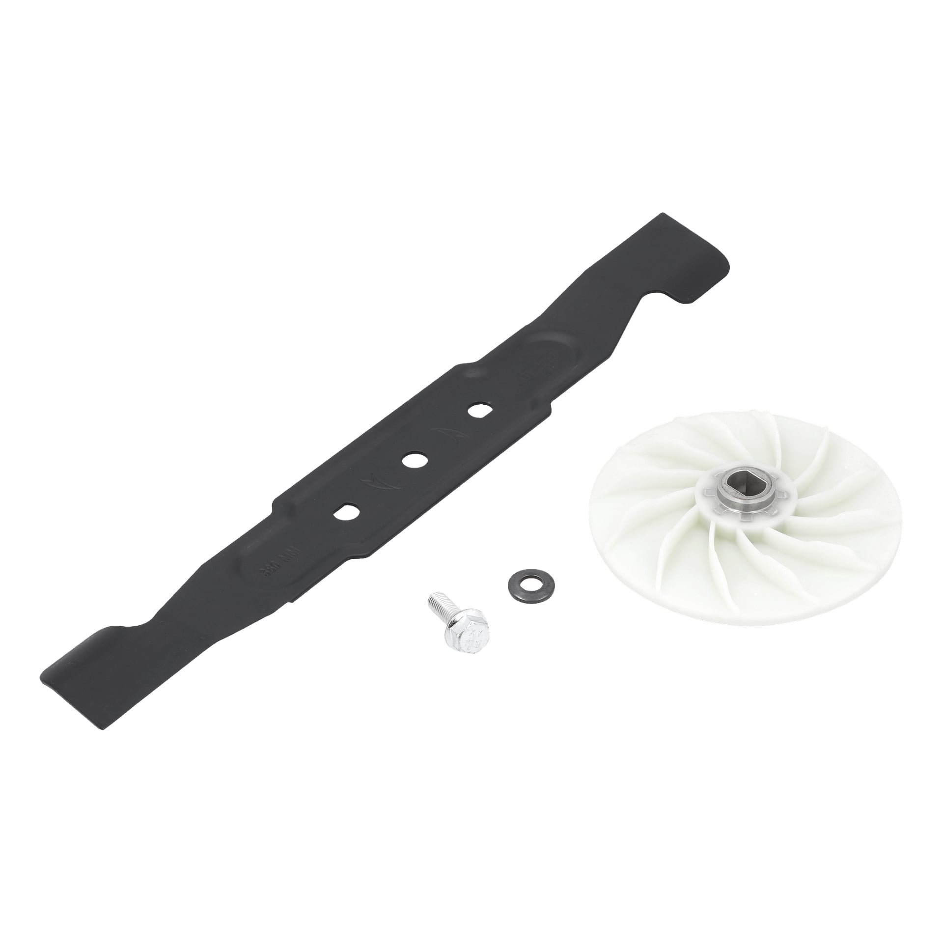 Gräsklipparbladkit med svart metallblad, vit plastimpeller, silverbult och bricka arrangerad ihop.