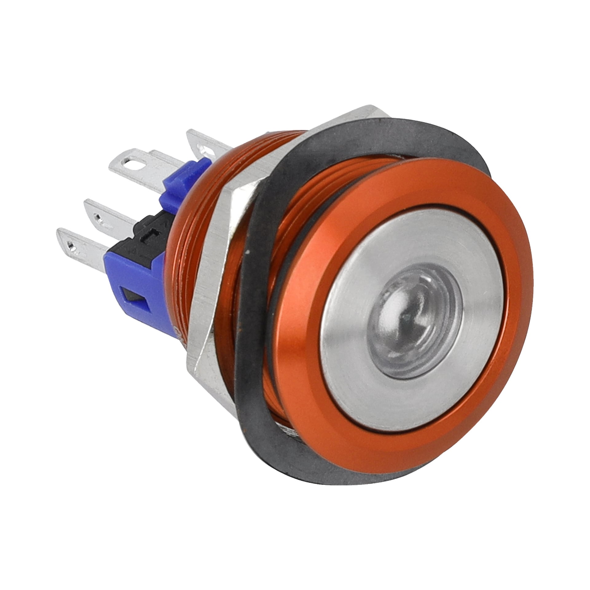 Närbild av en backknapp för gräsklippare: metallknapp med orange ring, silvermitt, blå bas och flera kontaktpinnar.