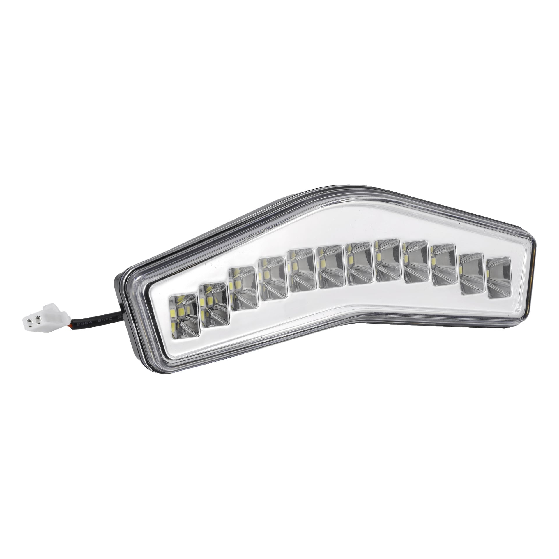 LED-gräsklipparens strålkastare med ett böjt, kantigt genomskinligt lock, två rader LED-lampor och en svart ledare som slutar i en vit kontakt.