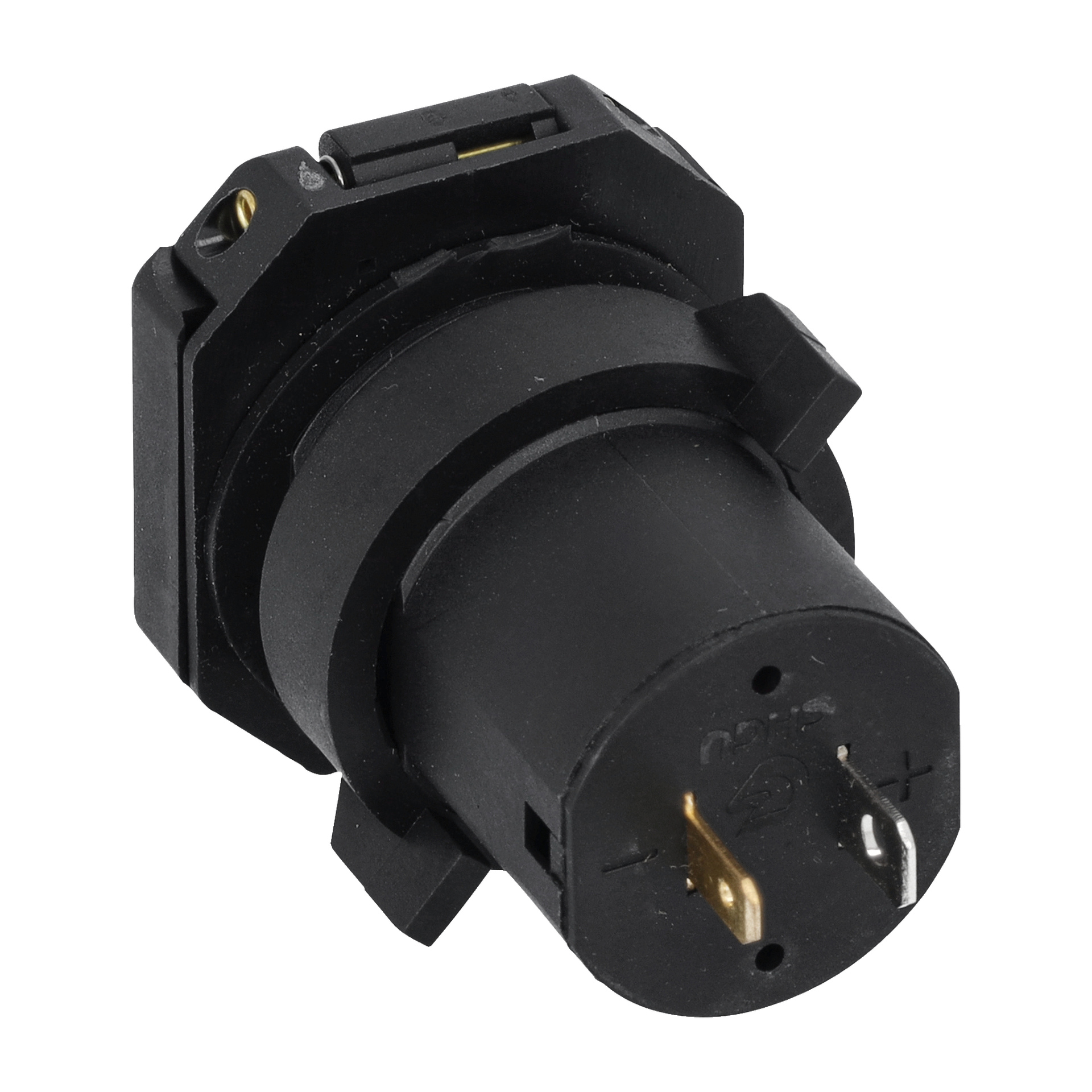 Närbild på en svart USB-modul för gräsklippare, med metallstift, panelmonterad plast och tre synliga terminaler.