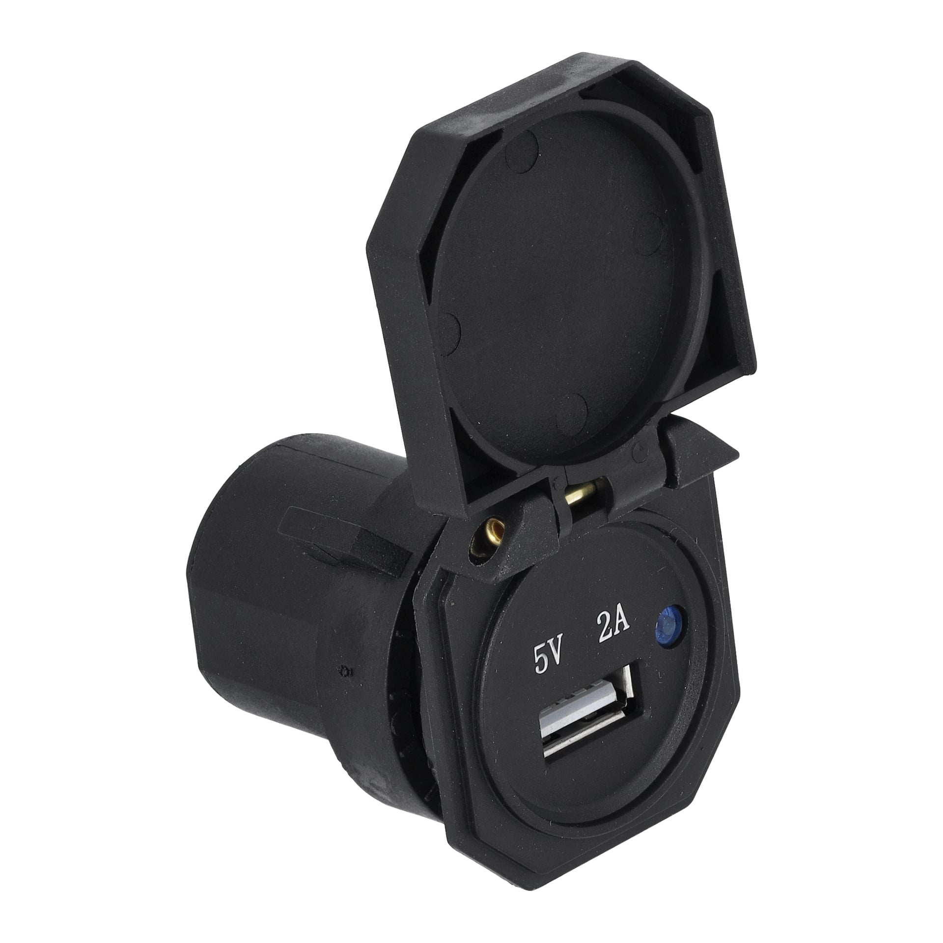 En svart plastadapter för gräsklippare, med locket öppet, 5V 2A-port synlig och ett litet blått ljus lyser.