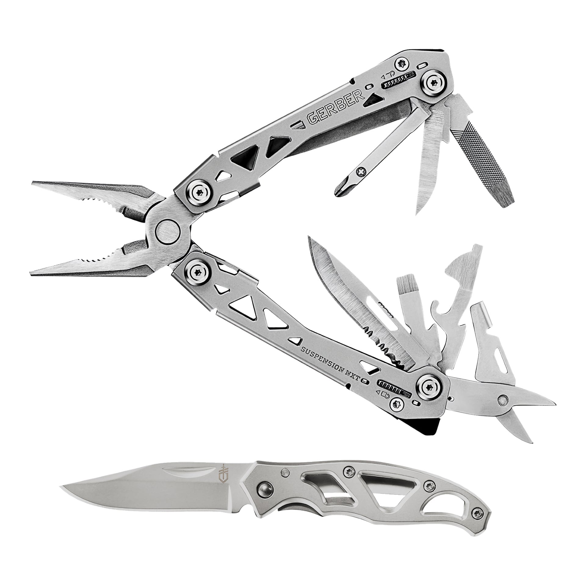 Ett öppet Gerber Suspension NXT multiverktyg i rostfritt stål visar dess tång, blad och skruvmejselfunktioner. Under den ligger en stängd Gerber Paraframe Mini fickkniv med sitt karakteristiska utskärningshandtag. Båda föremålen har ett slankt metalliskt utseende.
