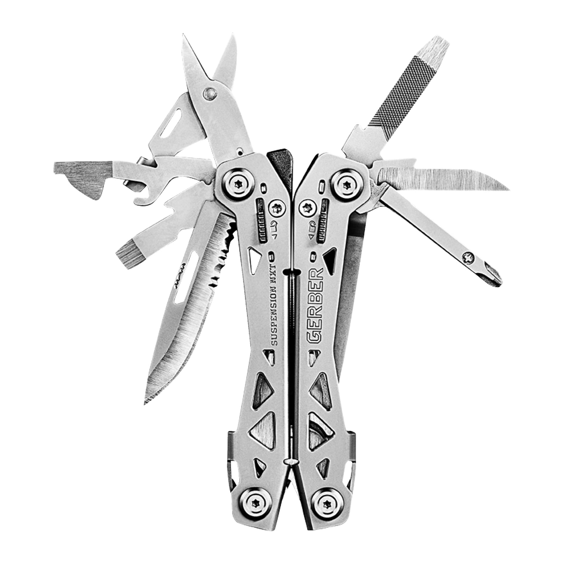 Gerber Multi-tool + Pocket Knife Suspension NXT + Paraframe Mini är öppen och visar funktioner som täng, sax, knivblad, såg, flera skruvmejselspetsar, en flasköppnare, konservöppnare och fil.