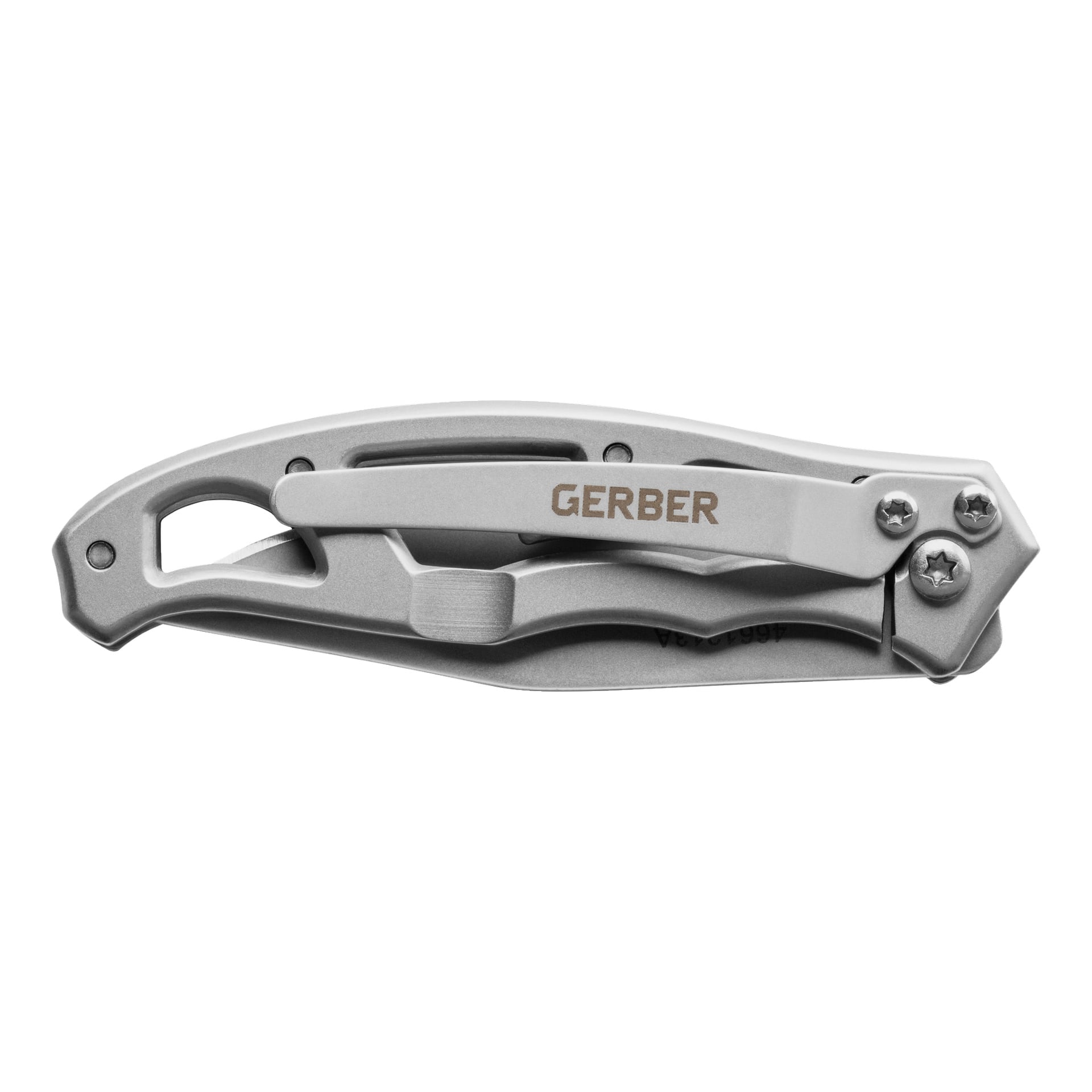 En stängd Gerber Suspension NXT + Paraframe Mini multiverktyg och fickkniv i silver visas från sidan, vilket framhäver dess slanka, moderna konstruktion. Gerbers logotyp syns tydligt, med två karakteristiska stjärnformade skruvar nära gångjärnet.