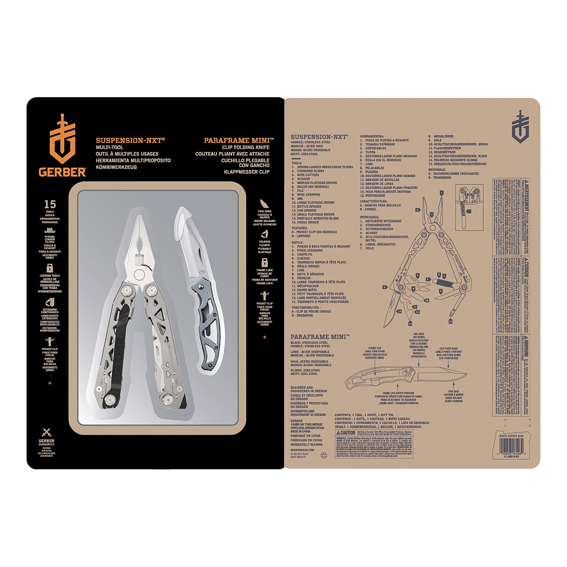 Förpackning för Gerber Multitool och fickkniv Suspension NXT med Paraframe Mini. Båda verktygen visas till vänster, medan höger sida listar funktioner, specifikationer, instruktioner och garantidetaljer tillsammans med multiverktygsdiagram.