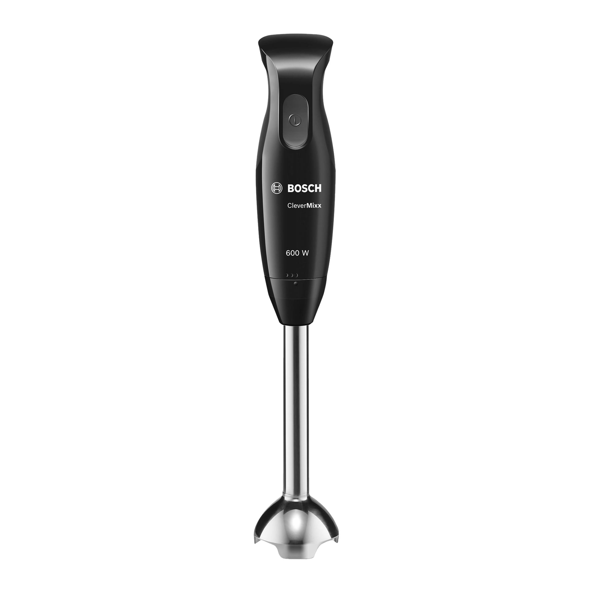 Musta Bosch Home CleverMixx MSM2650B käsitehosekoitin, jossa on 600W moottori ja ruostumattomasta teräksestä valmistettu sekoitusvarsi, seisoo pystyasennossa. Yläkahvassa näkyy virtapainike ja Bosch Home -brändäys.