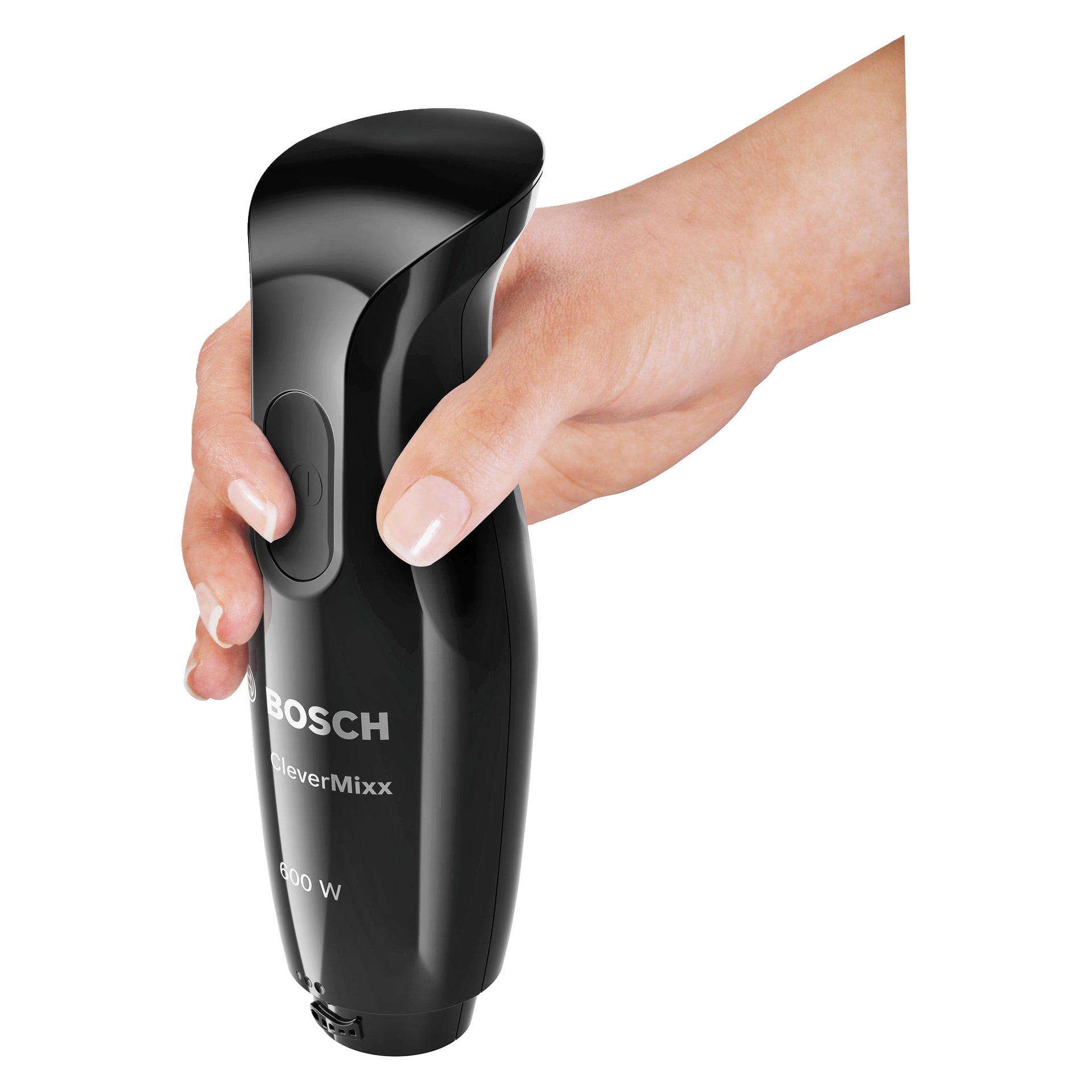Käsi puristaa mustaa Bosch CleverMixx MSM2650B Hand -blenderiä, jossa näkyy virtapainike ja merkintä "600 W" rungossa.