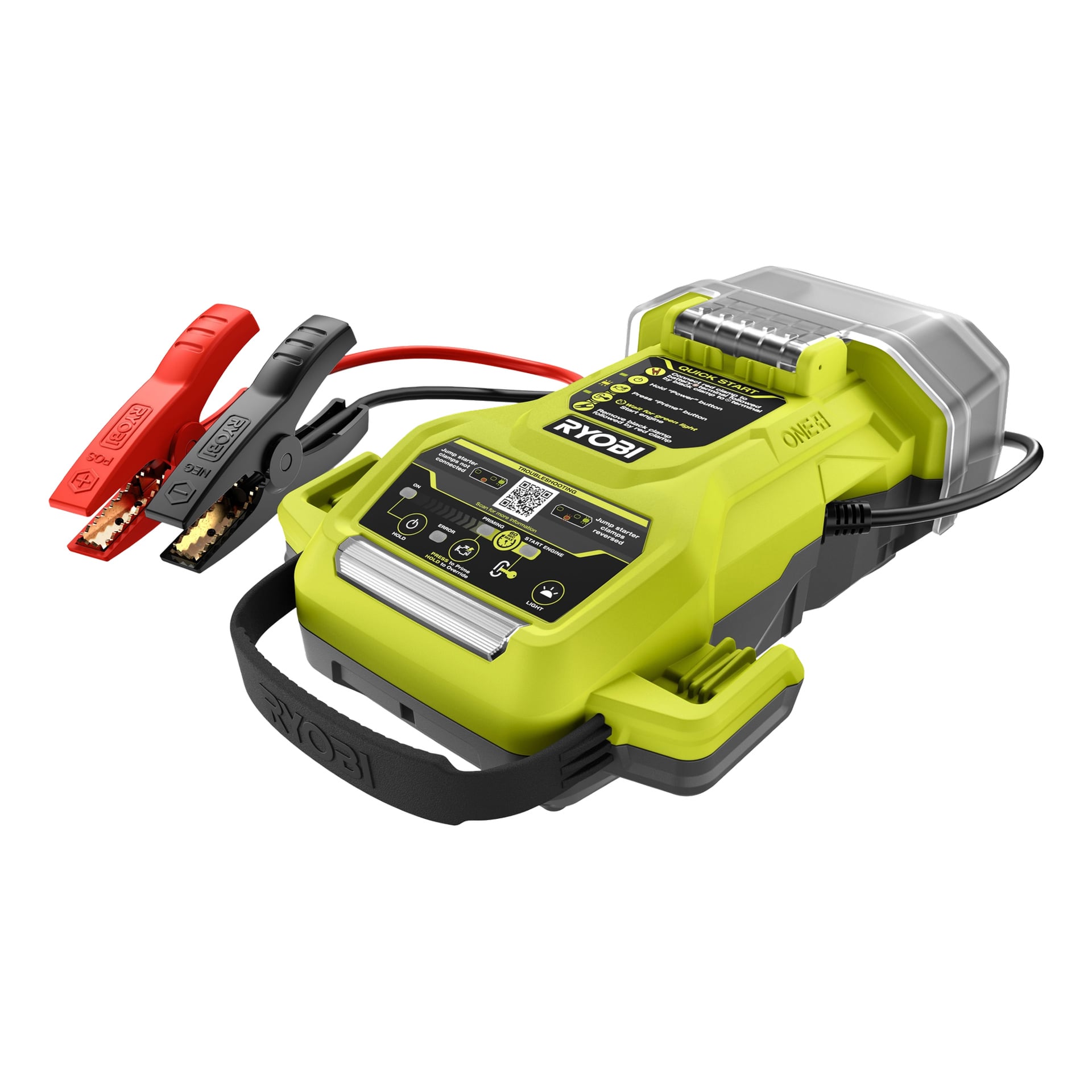 Ryobi One+ Starter z baterią i ładowarką (RJSC18-1X40S) w czarno-żółtej obudowie, wyposażony w czerwone i czarne kable rozruchowe, uchwyt oznaczony "Ryobi" oraz wiele przycisków i kontrolek kontrolnych.