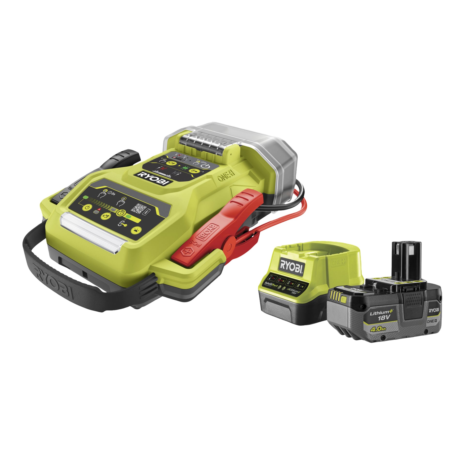 Ryobi One+ Starter z podłączonymi kablami rozruchowymi, ładowarką 18V oraz baterią litowo-jonową Ryobi One+ 18V 4.0 Ah, wszystko w limonkowej zieleni i czerni (model RJSC18-1X40S).