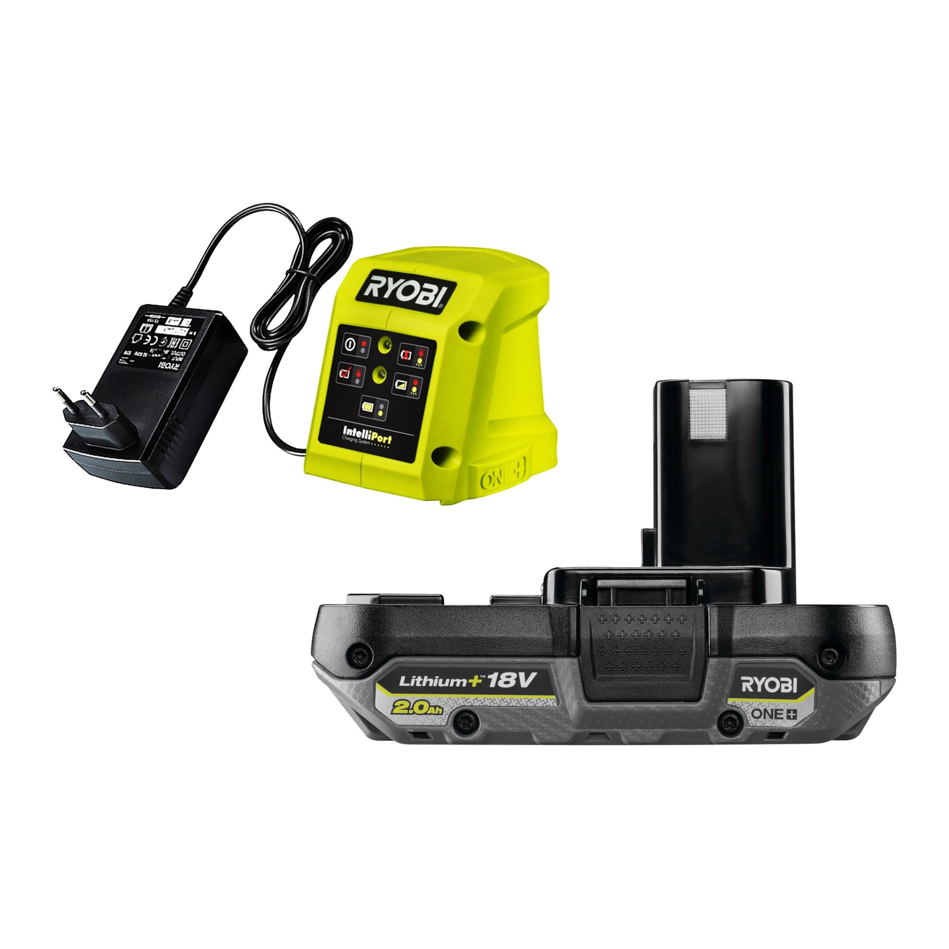 Näytetään Ryobi One+ R18GN18-1C20G -akkukäyttöinen naulapyssy yhdessä 18V Ryobi-litiumakun ja virtalähteen kanssa.