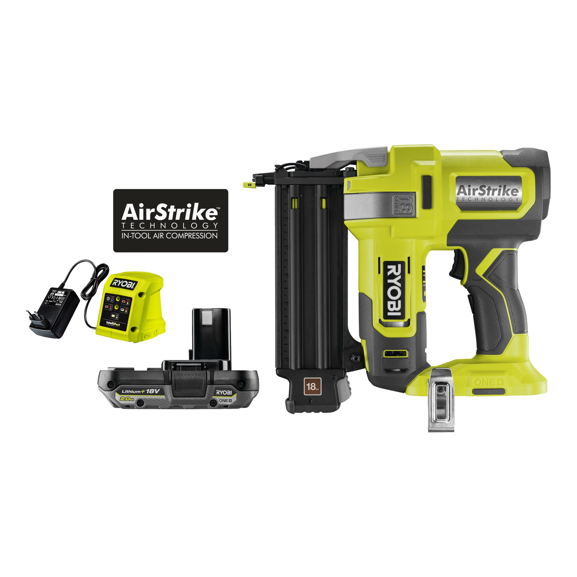 Ryobi One+ R18GN18-1C20G -naulapistooli on paristokäyttöinen ja sisältää akun, laturin ja virtalähteen. Työkalu esittelee AirStrike Technology -logon, siinä on keltainen runko mustilla yksityiskohdilla, ja siinä on sekä ONE+- että 18V-merkinnät.