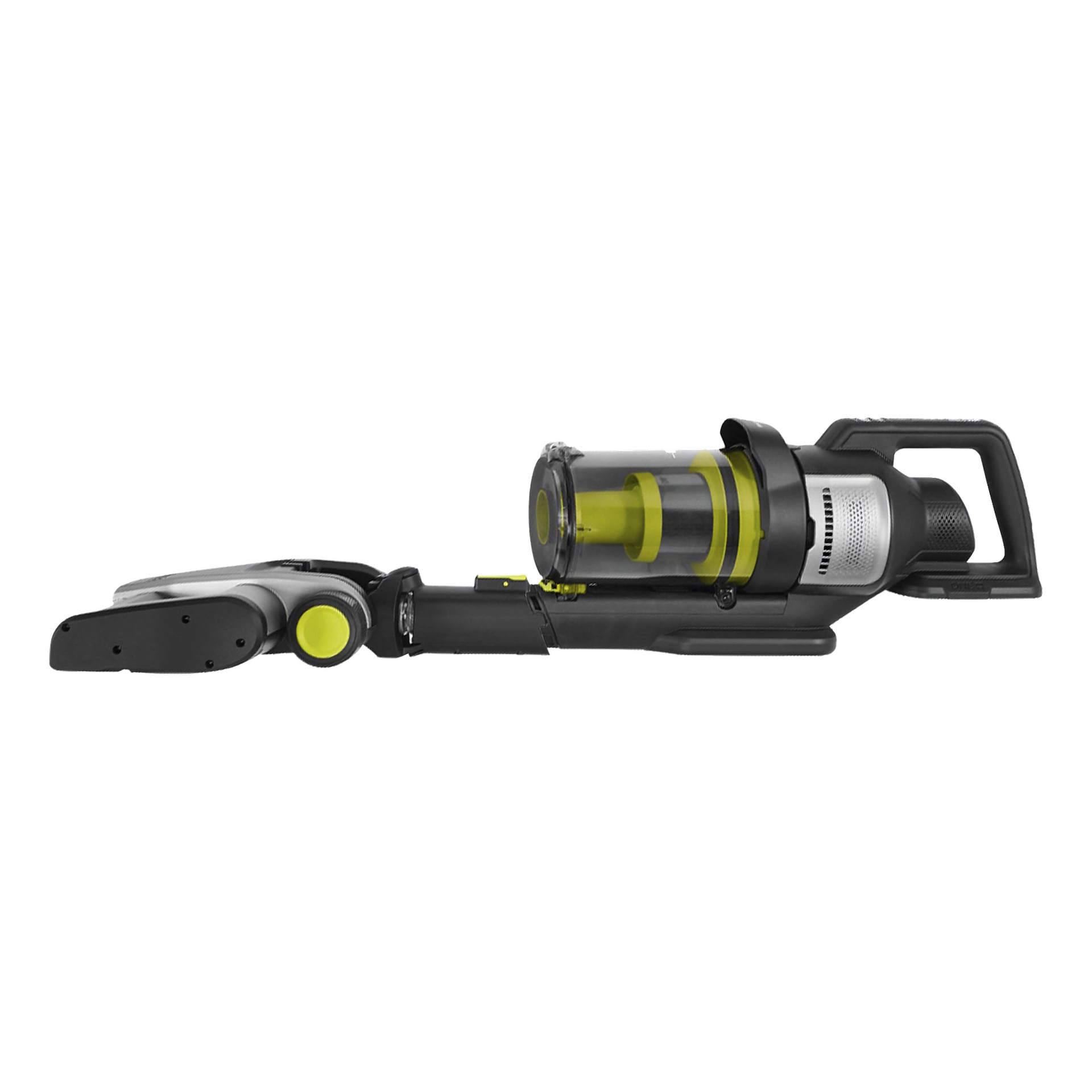 En sidovy av Ryobi One+ Upright dammsugare premium RASV18BL-1X40G visar dess klara soptunna, bekväma handtag, flexibla huvud för rengöring och distinkta gula och svarta detaljer.
