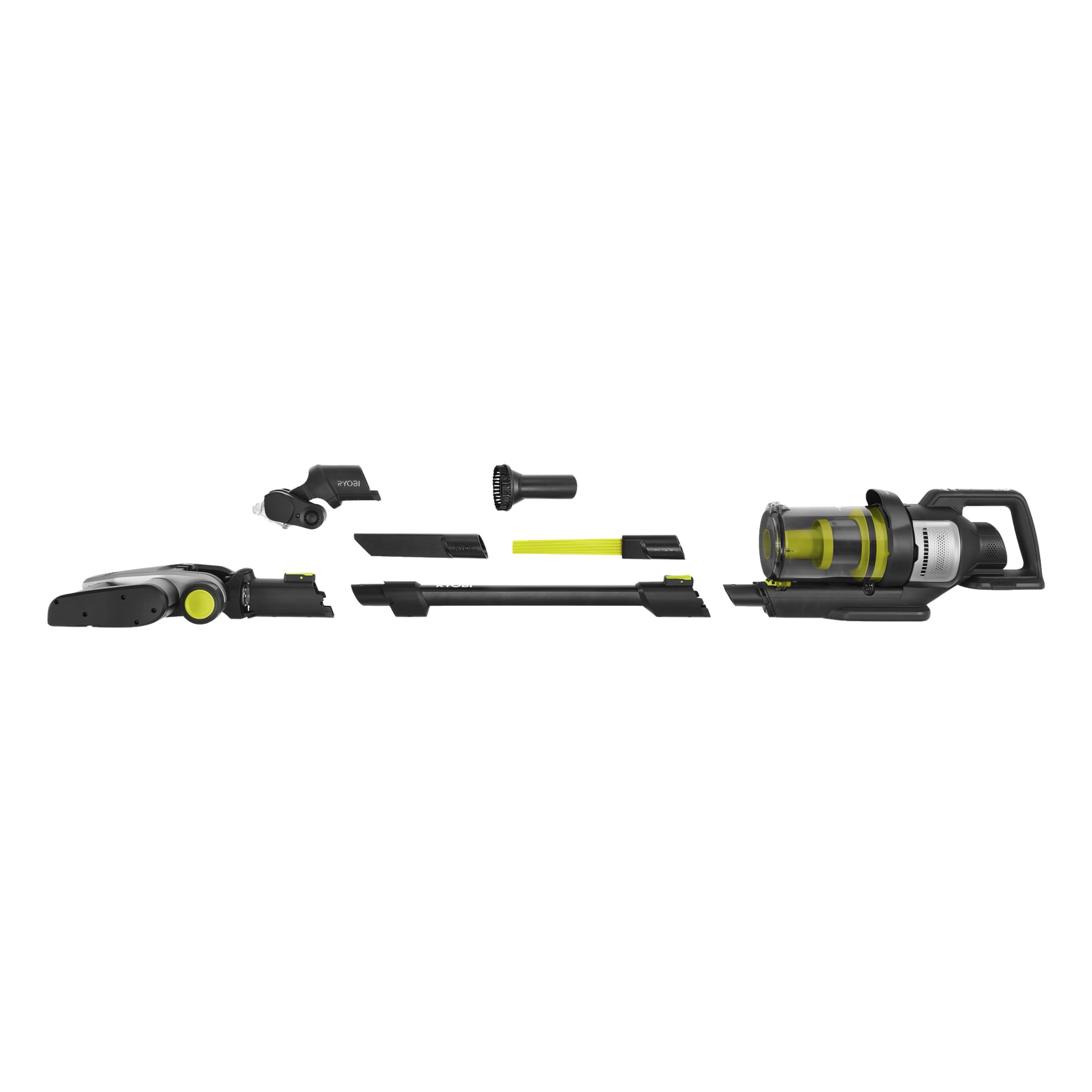 En Ryobi One+ premium stående dammsugare, modell RASV18BL-1X40G, visas tillsammans med dess avtagbara delar – inklusive huvudkroppen, förlängningsröret, rengöringsborsten, rullhuvudet och olika tillbehör – alla med en svart och gul färgschema. Komponenterna är prydligt uppradade i en rad.