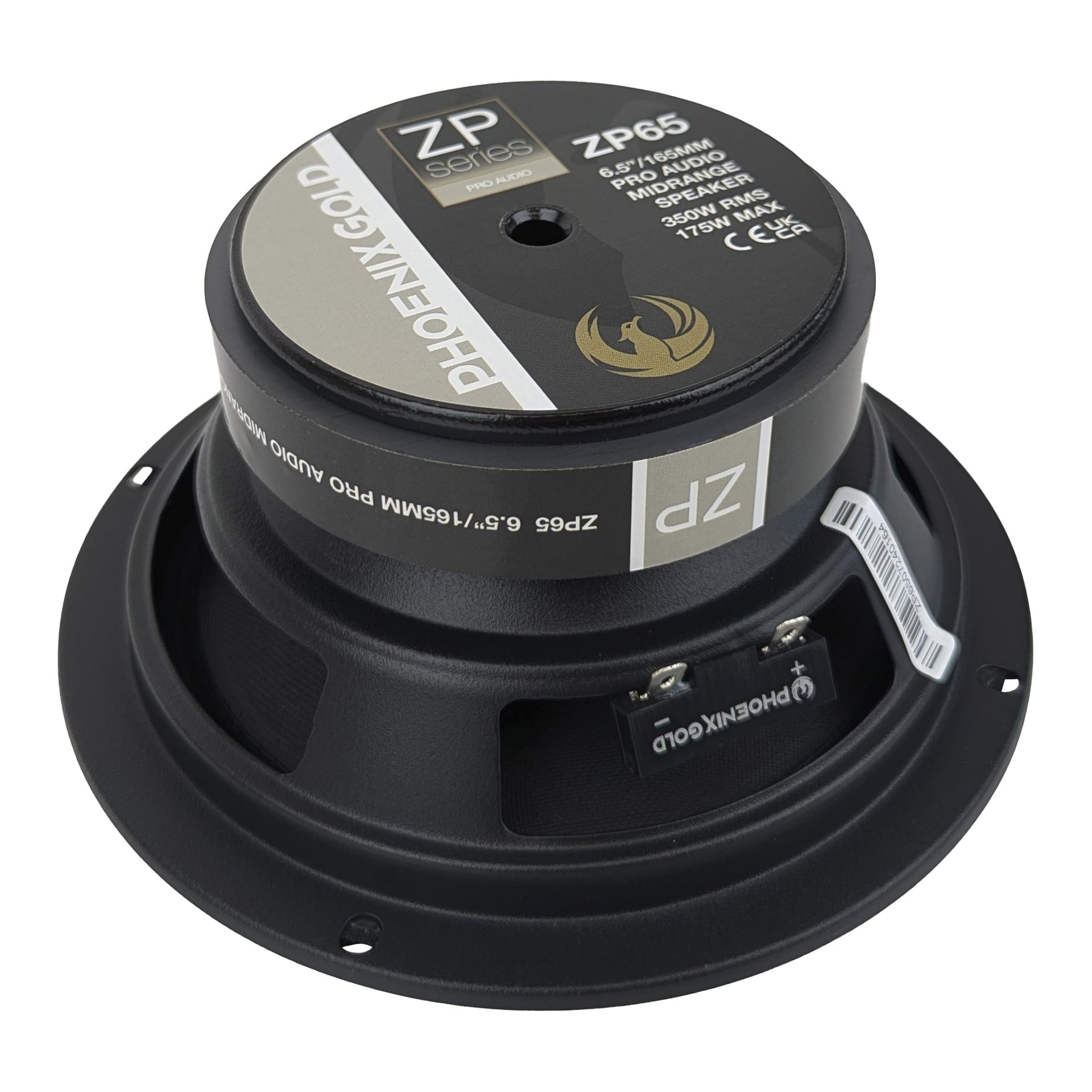 Ett par svarta Phoenix Gold ZP65 Midbass 6,5-tums pro audio-högtalare visades bakifrån och markerade en etikett med modelldetaljer, tekniska specifikationer och varumärkeslogotyper. Den stadiga metallramen och ledningsterminalerna är tydligt synliga.