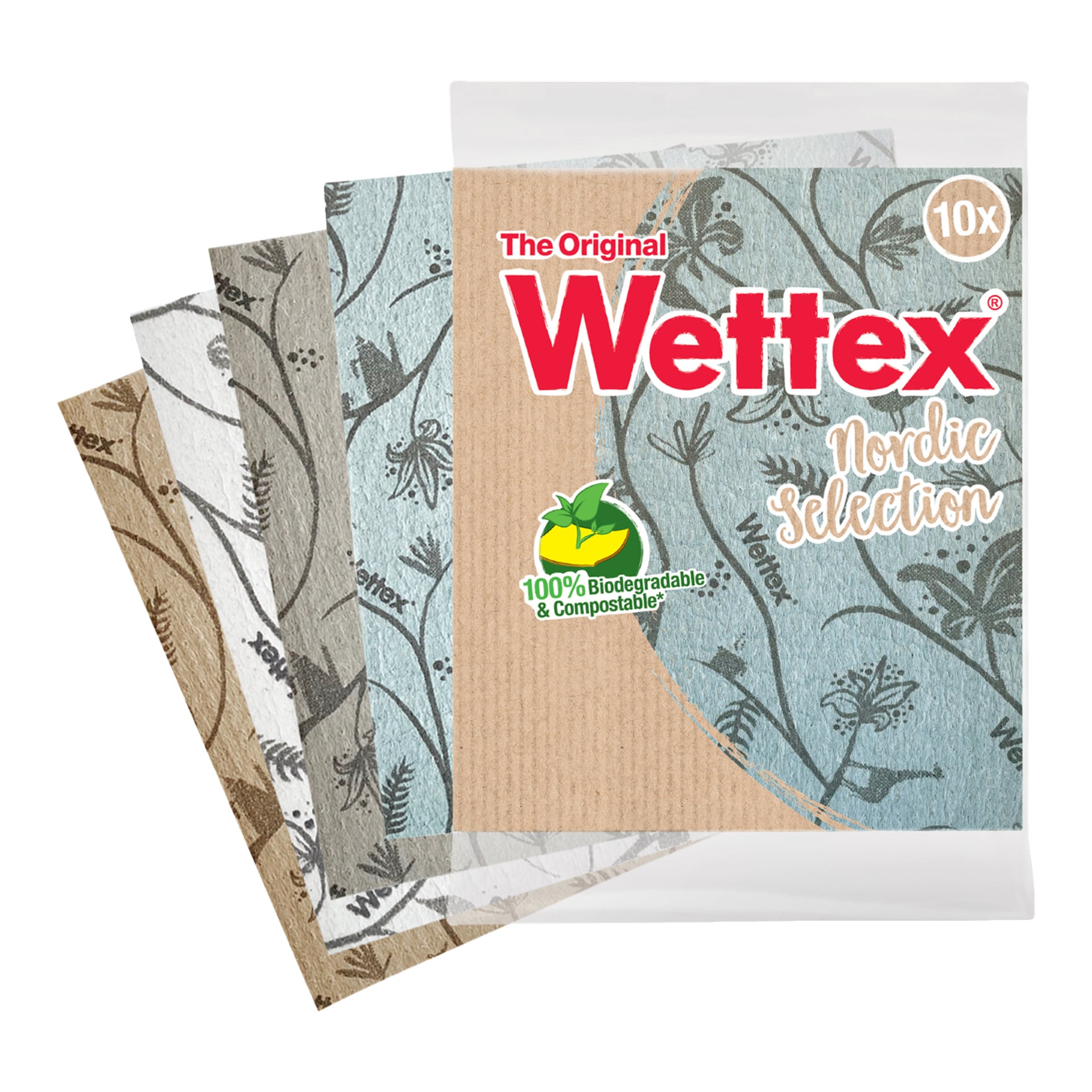 En 10-pakning med Wettex Dishcloths Nordic Selection, med blå, brune, hvite og grå bladmønstre på svampklutene. Emballasjen sier «The Original Wettex», «10x», og understreker deres 100 % biologisk nedbrytbare og komposterbare egenskaper.
